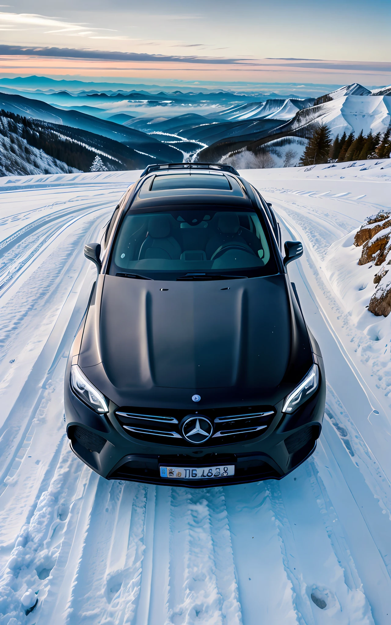 mercedes GLE, front view, 60 degress lateral perspective, color blue, model 2023 car, parked on a snowy montain top view with a city skyline in the background on a cold cold day, flare, shadows on the ground, big rocks and nice, one giant mountain, photo realistic, automotive, photographed with a Canon with a len 35mm, ultra wide angle view, 3/4 side car, view front, --ar 4:3 --s 1000