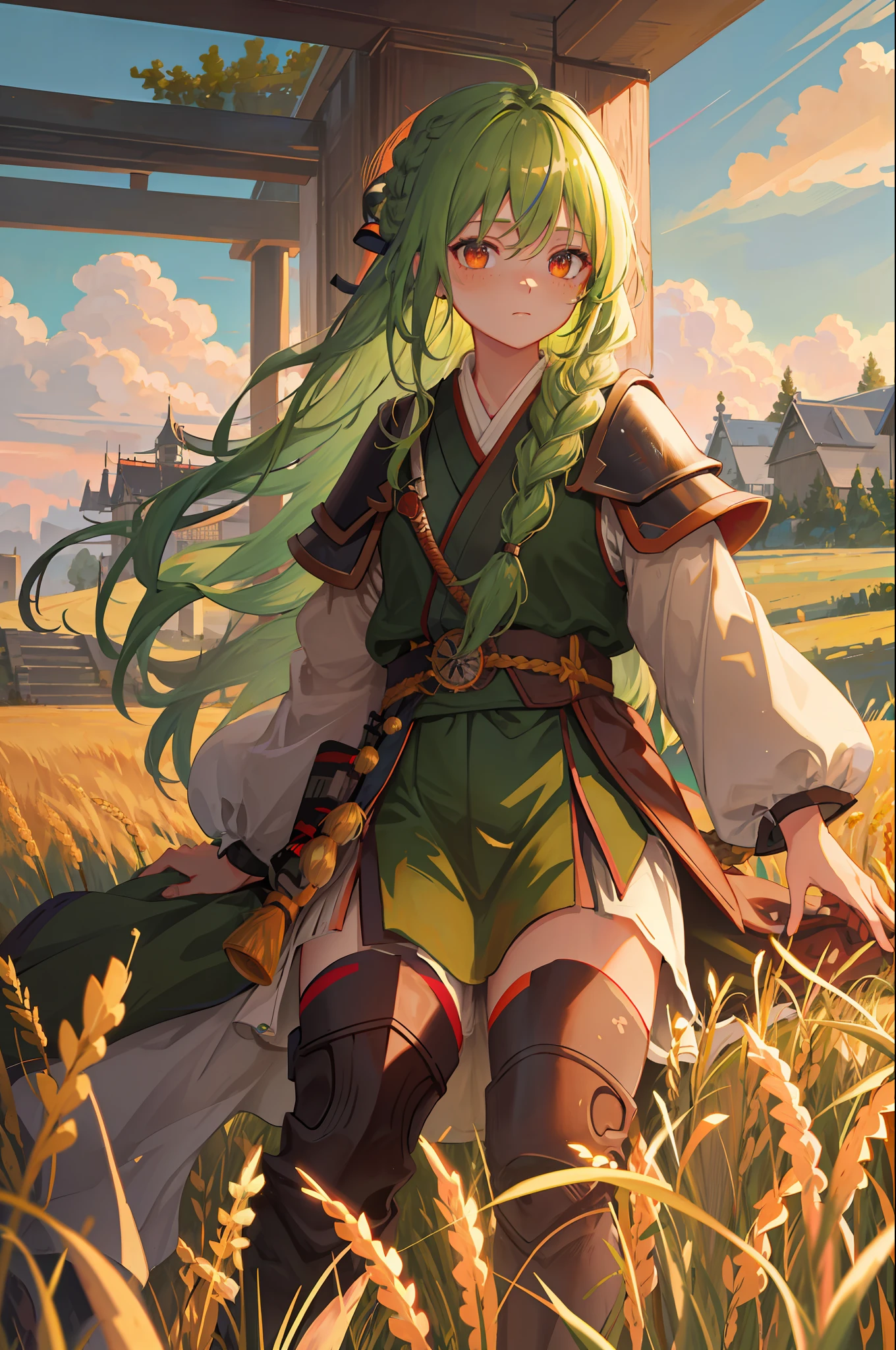 Masterpiece, Best Quality, 1girl, Portrait, Green Hair, Braided Braid, Red Eyes, Freckles Under Eyes, Rubbing Leg Roots, Samurai, Bronze Armor, Wheat Landscape, Sun, Clouds, (Neutral Color), (HDR:1.4)