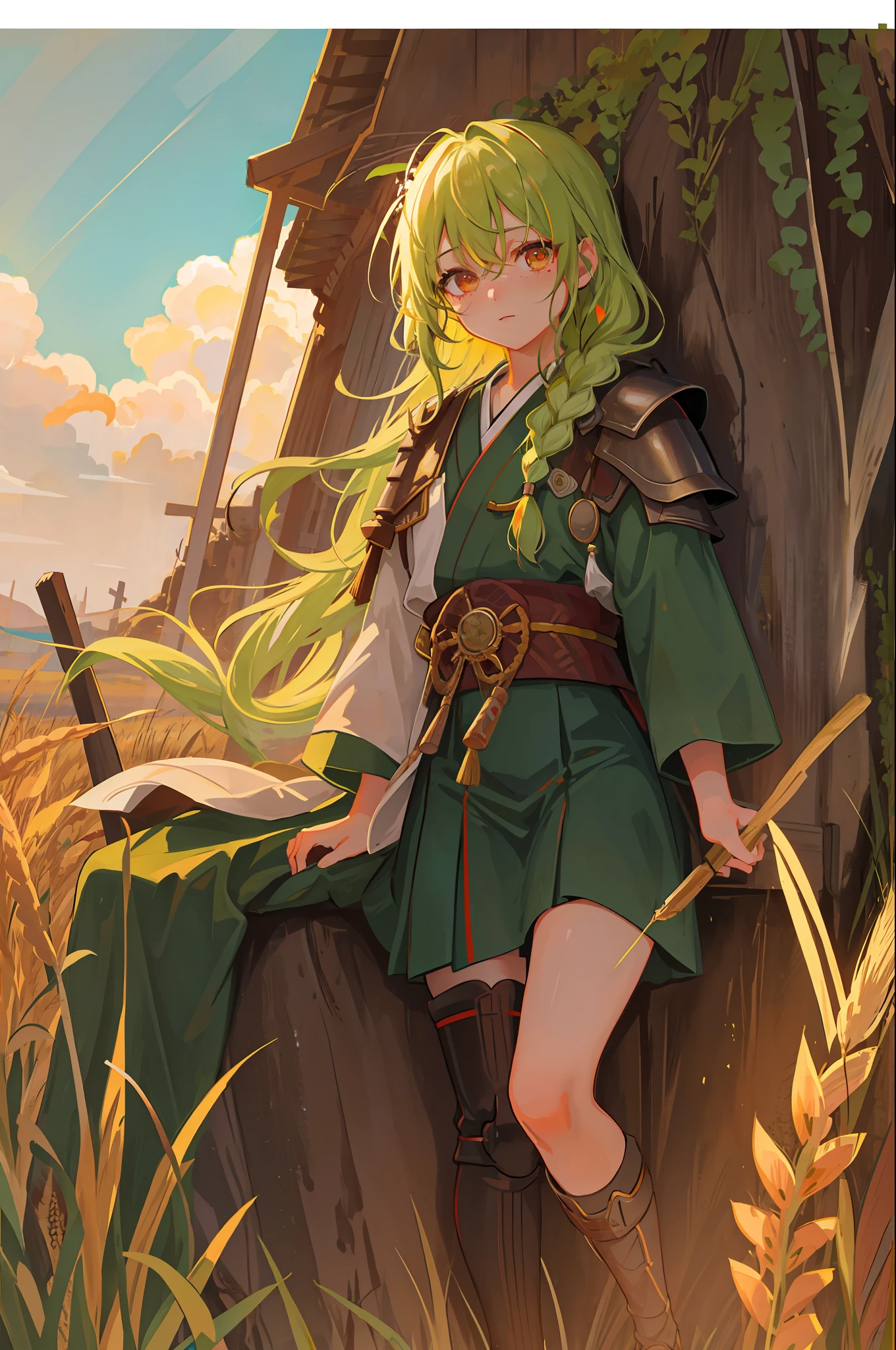 Masterpiece, Best Quality, 1girl, Portrait, Green Hair, Braided Braid, Red Eyes, Freckles Under Eyes, Rubbing Leg Roots, Samurai, Bronze Armor, Wheat Landscape, Sun, Clouds, (Neutral Color), (HDR:1.4)