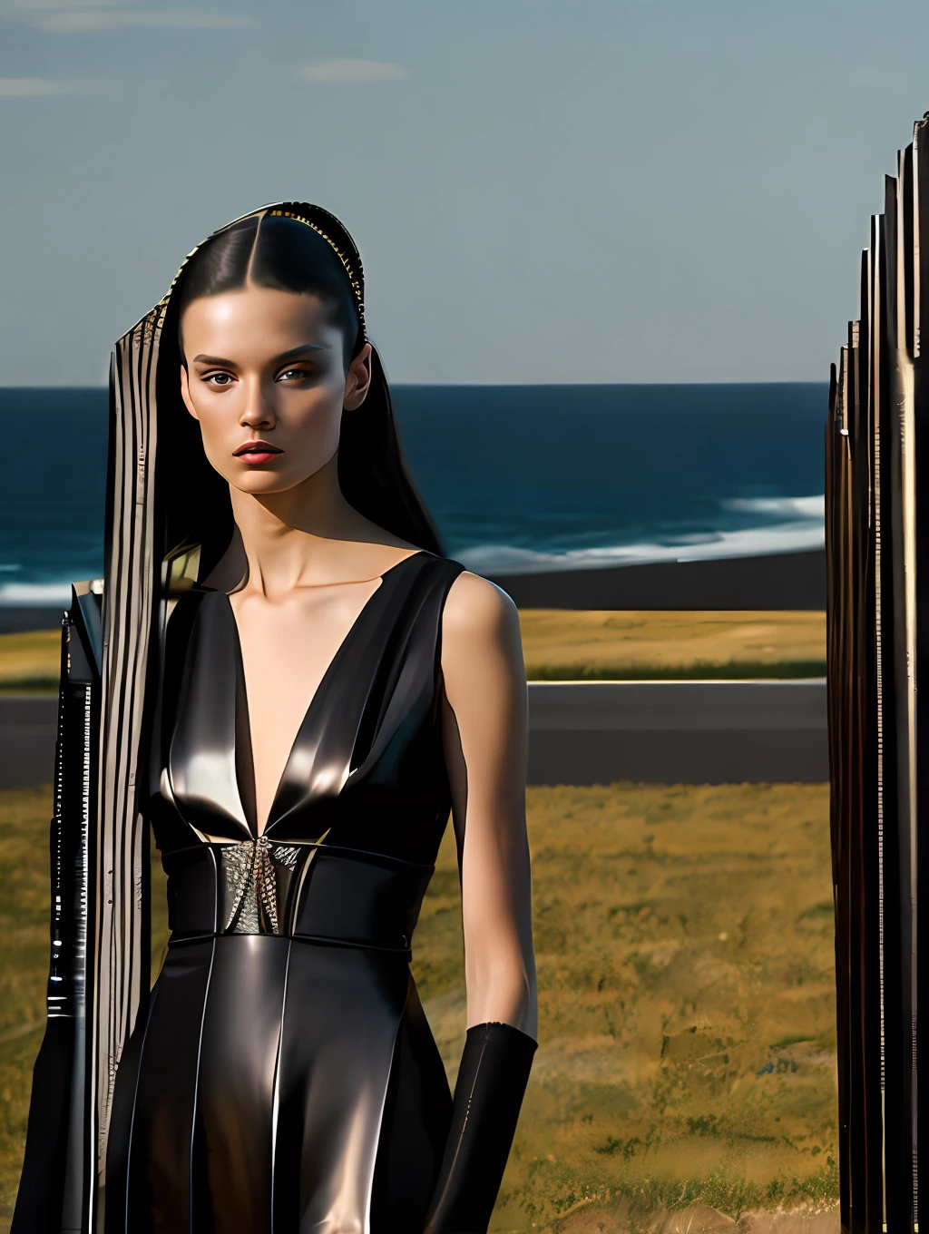 a hyper realistic ultra detailed photograph of a beautiful female model walking down a runway at a Calvin Klein Fashion Show, stunningly beautiful young woman in very high slit shiny material slip dress, spotlight, detailed symmetric beautiful hazel eyes, haute couture, delicate and beautiful face, trending on cg society, official valentino editorial, moonlight, medium symmetry, behance contest winner, portrait featured on unsplash, stylized digital art, smooth, ultra high definition, 8k, unreal engine 5, ultra sharp focus, award-winning photograph, Canon EOS 5D Mark IV DSLR, f/8, ISO 100, 1/250 second, TanvirTamim, trending on artstation, by artgerm, h. r. giger and beksinski, highly detailed, vibrant