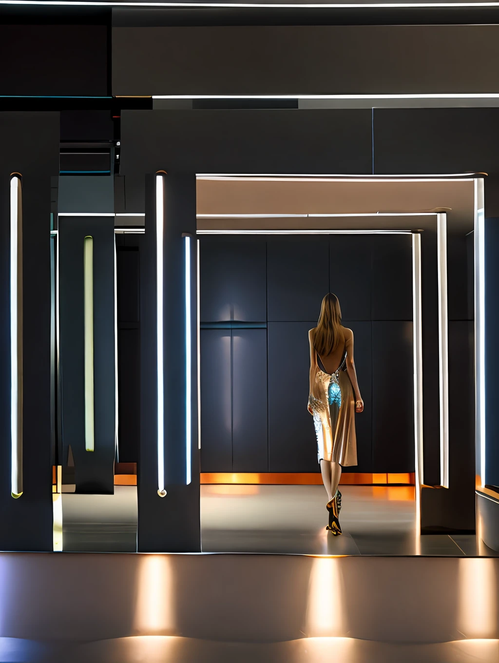 a hyper realistic ultra detailed photograph of a beautiful female model walking down a runway at a Calvin Klein Fashion Show, stunningly beautiful young woman in very high slit shiny material slip dress, spotlight, detailed symmetric beautiful hazel eyes, haute couture, delicate and beautiful face, trending on cg society, official valentino editorial, moonlight, medium symmetry, behance contest winner, portrait featured on unsplash, stylized digital art, smooth, ultra high definition, 8k, unreal engine 5, ultra sharp focus, award-winning photograph, Canon EOS 5D Mark IV DSLR, f/8, ISO 100, 1/250 second, TanvirTamim, trending on artstation, by artgerm, h. r. giger and beksinski, highly detailed, vibrant