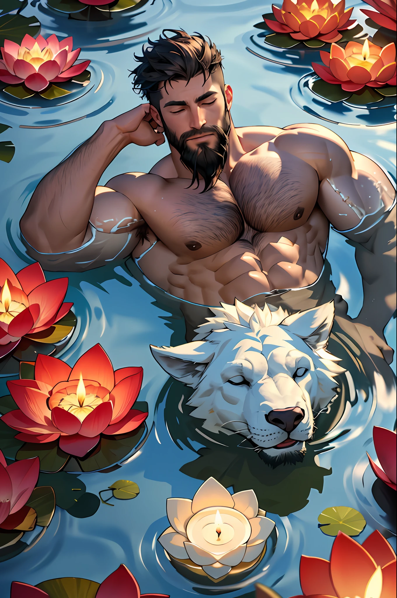 Best quality, masterpiece,ultra high res,detailed background,realistic, muscular hairy man in the Water,from above,closed eyes,1man,solo,male,muscular,mature male,facial hair,beard,short hair,lying,lotus,candle,water,real shadow and light,depth of field