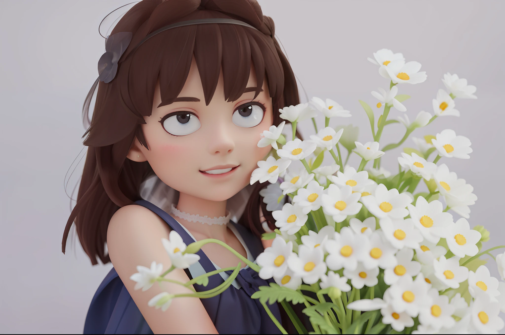 There is a young girl holding a bouquet of flowers in her hand with flowers, cartoon avatar, disney style, disney princess, depth of field, UHD, retina, masterpiece, ccurate, anatomically correct, textured skin, high detail, high quality, high resolution, best quality, 8k, hd