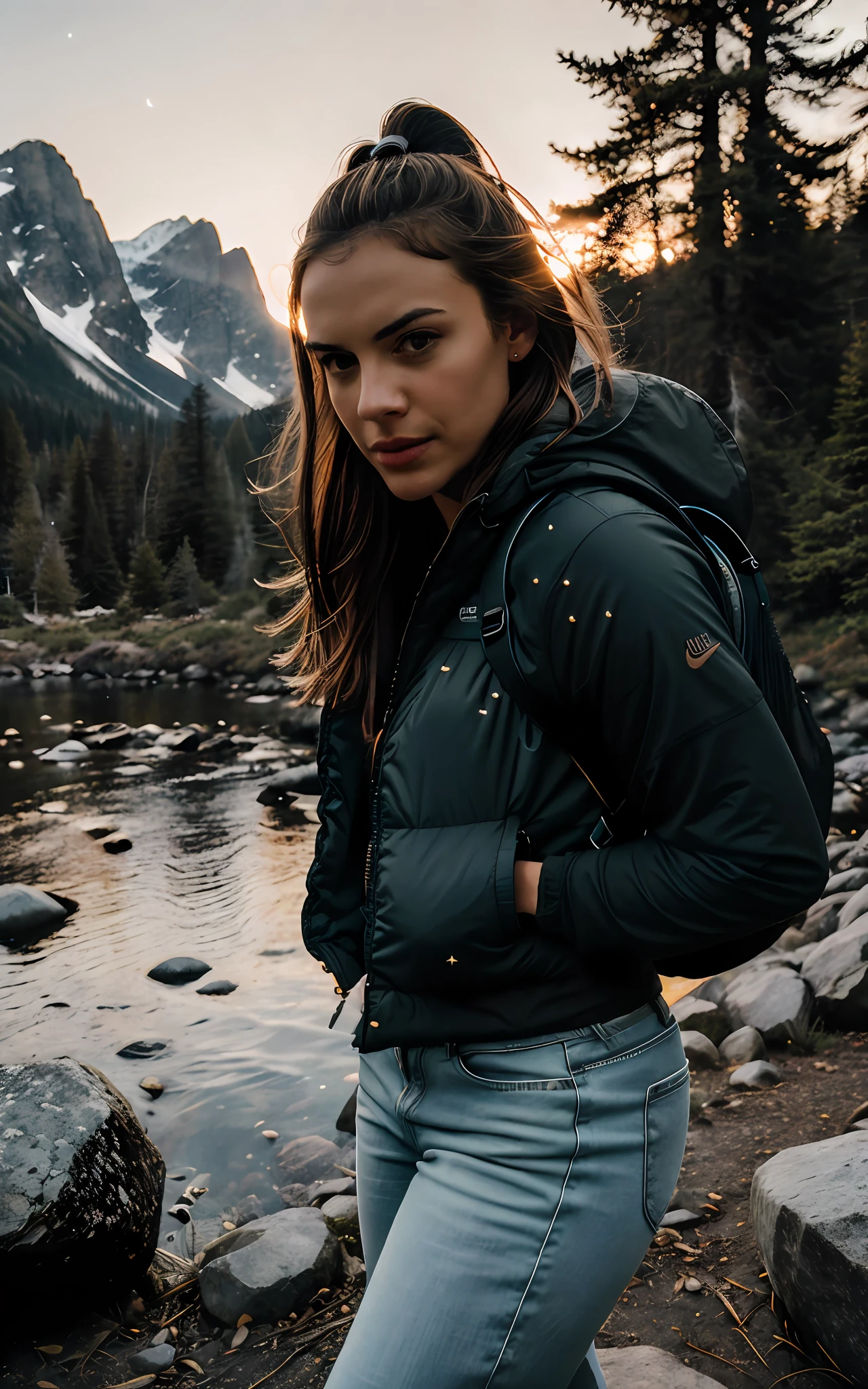 1 woman ((upper body selfie, happy)), masterpiece, best quality, ultra-detailed, solo, outdoor, (night), mountains, nature, (stars, moon) cheerful, happy, backpack, sleeping bag, camping stove, water bottle, mountain boots, lantern, forest, rocks, river, wood, smoke, shadows, contrast, clear sky, style, (warm hue, warm tone: 1.5), close-up, cinematic light, side lighting, ultra high resolution, best shadow, RAW, upper body, wearing nike brand clothing, expression of fear, flare light,