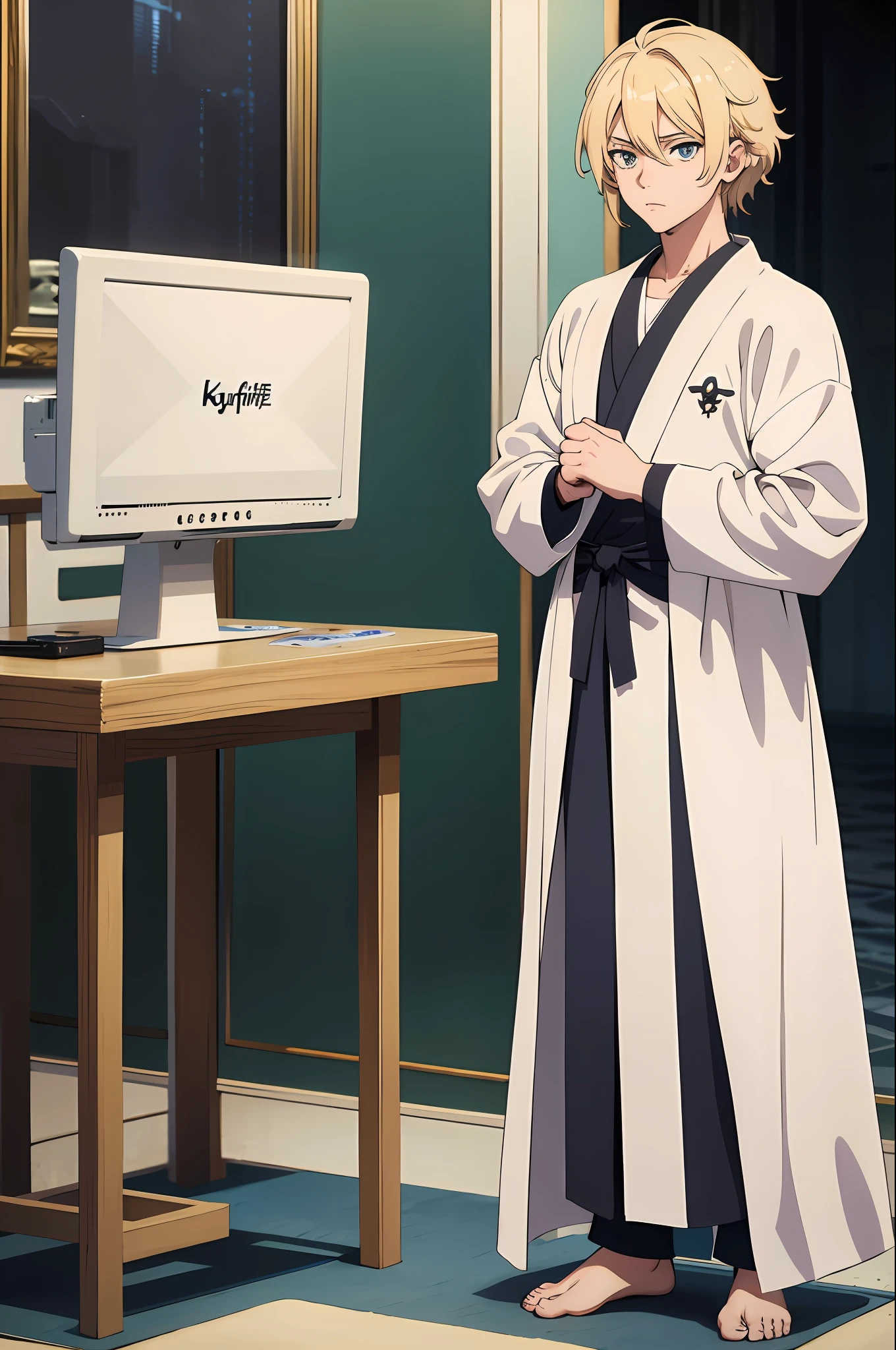 anime boy with blonde hair In a white robe, cold anime pose,((masterpiece)),((highly detailed)),((high quality)),Standing straight,comma hair,curtain hair,badass,agresife.