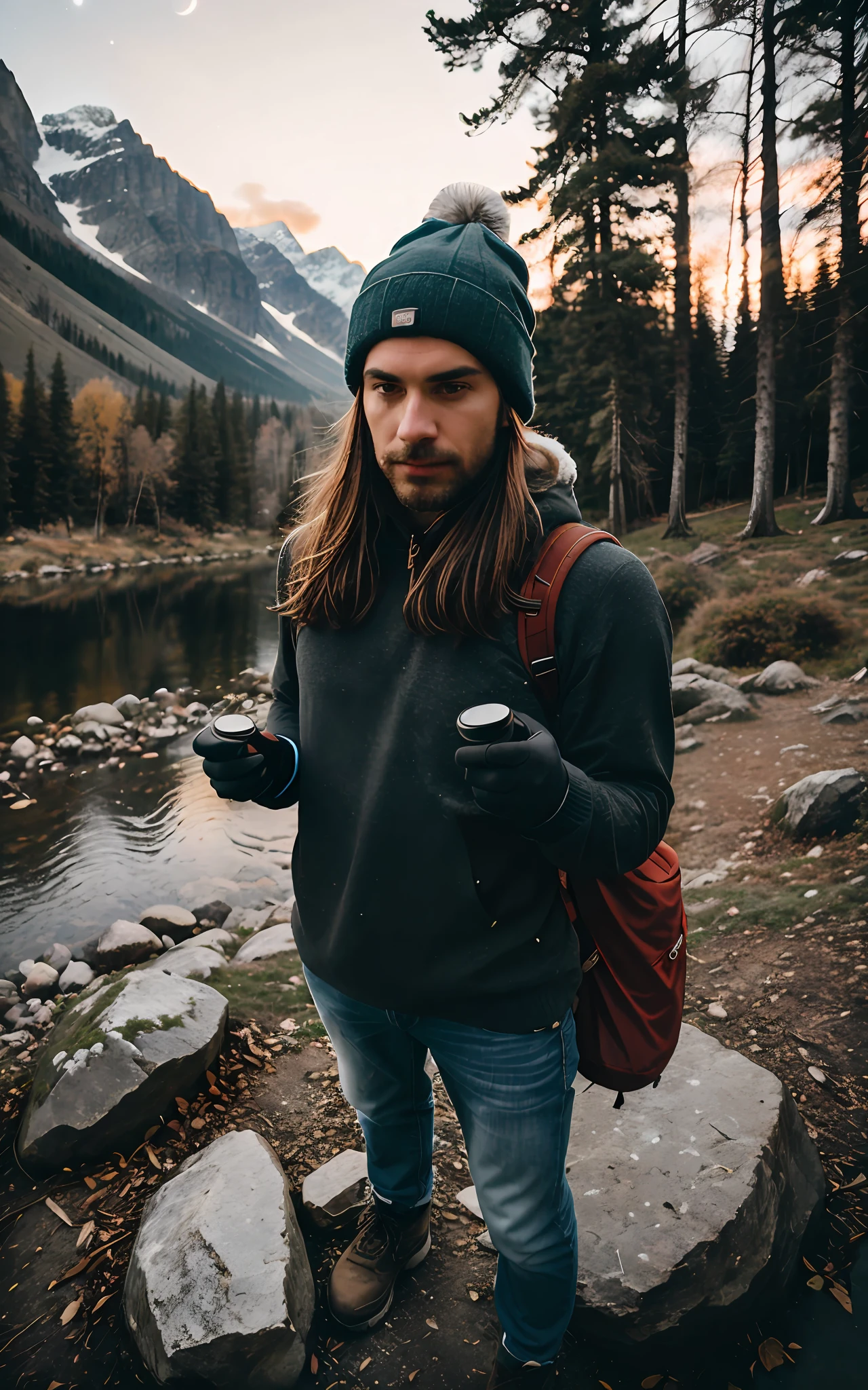 1 man ((upper body selfie, happy)), masterpiece, best quality, ultra-detailed, solo, outdoor, (night), mountains, nature, (stars, moon) cheerful, happy, backpack, sleeping bag, camping stove, water bottle, mountain boots, gloves, sweater, hat, lantern, forest, stones, river, wood, smoke, shadows, contrast, clear sky, style , (warm hue, warm tone: 1,2),  close-up, cinematic light, side lighting, ultra high resolution, best shadow, RAW, upper body