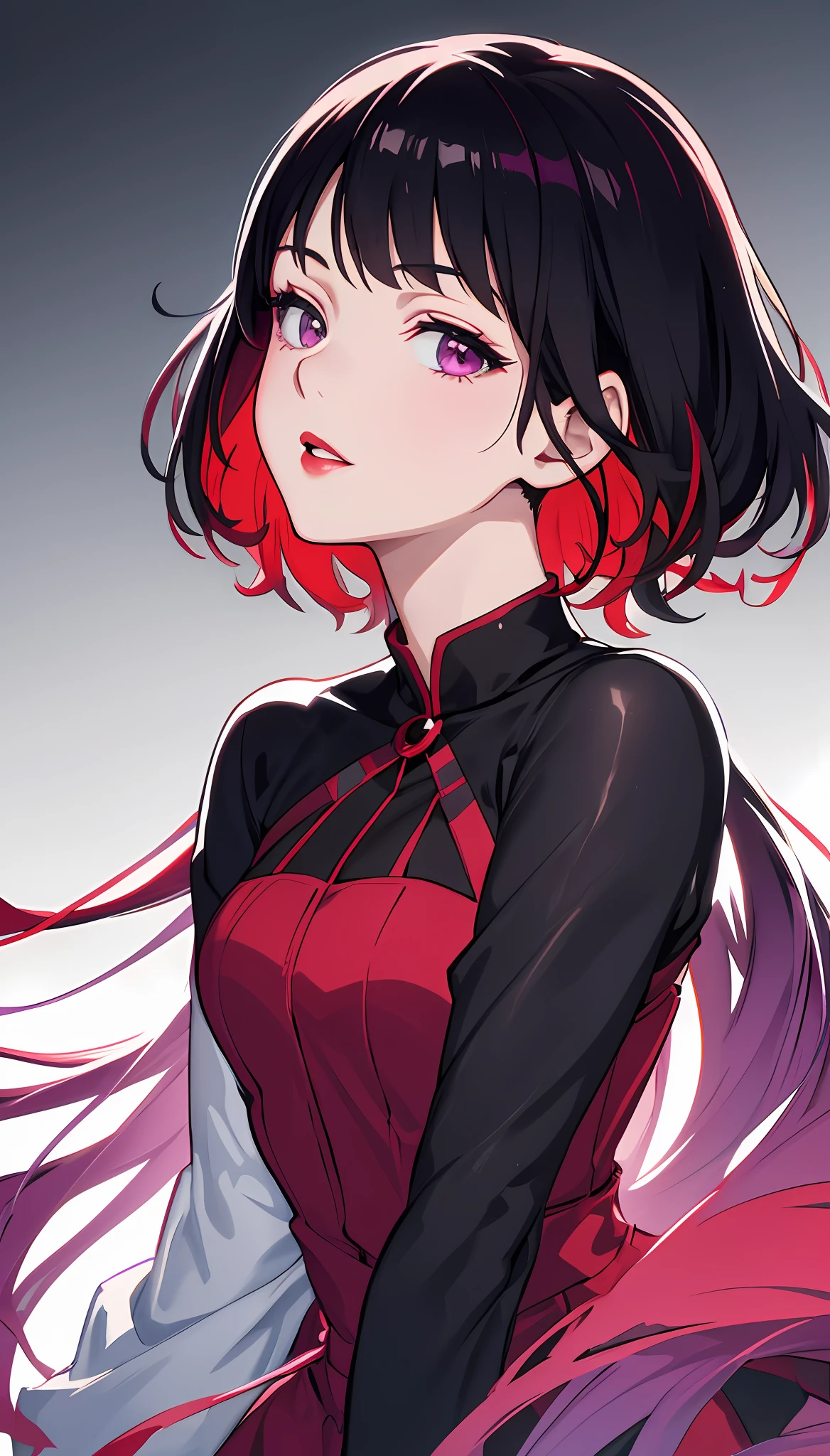 elegant woman, red purple lips,wearing a bright mgreen shirt,in the style of soft color palette
aurorapunk,an anime illustration of her
face, black hair with red highlights, bob hairstyles, hand-drawn
animation,charming sketches,smooth and
shiny,hazy romanticism,superflat style,white
background--ar 1:1--niji 5--style expressive --s 50