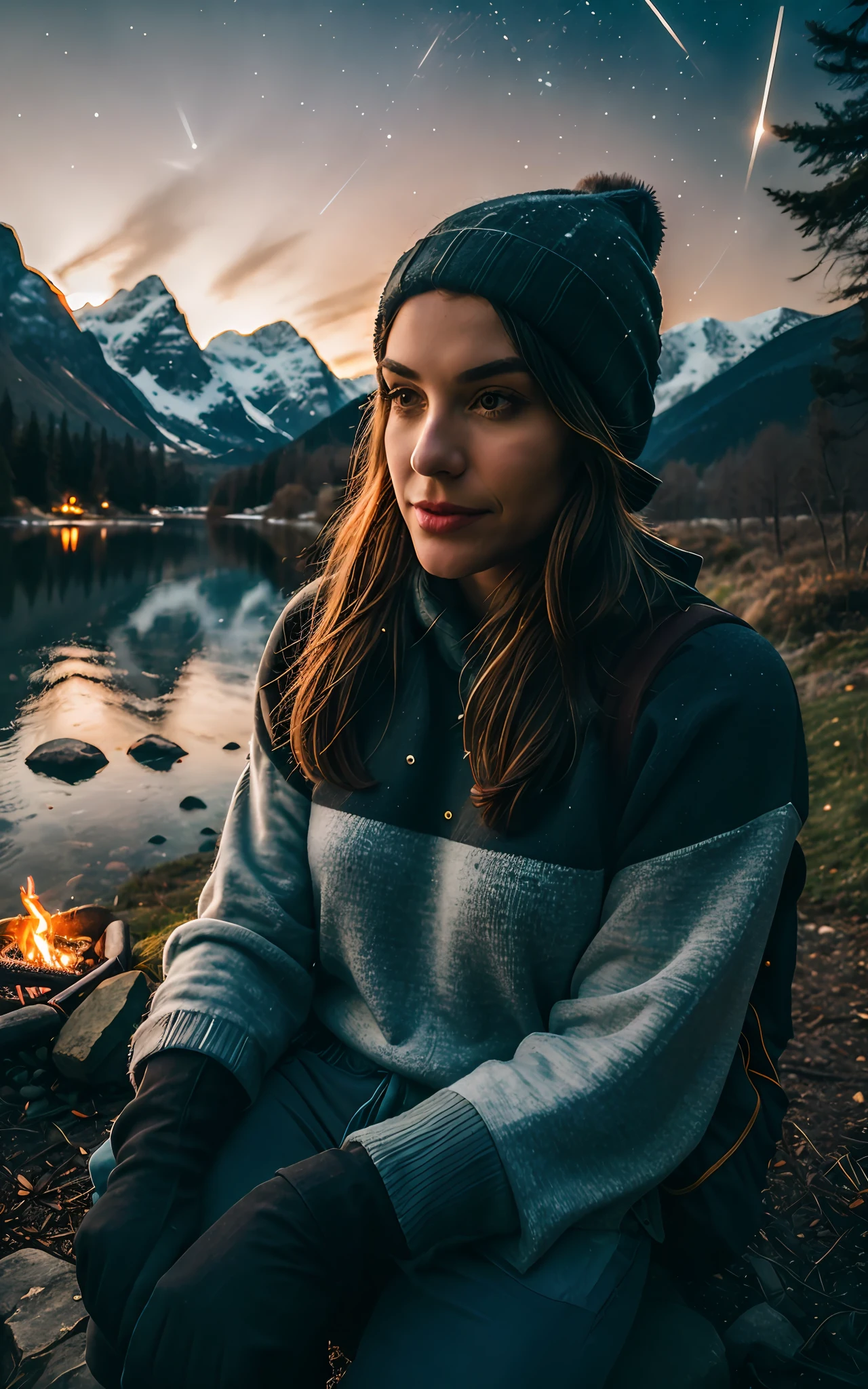 1 woman ((upper body selfie, happy)), masterpiece, best quality, ultra-detailed, solo, outdoor, (night), mountains, nature, (stars, moon) cheerful, happy, backpack, sleeping bag, camping stove, water bottle, mountain boots, gloves, sweater, hat, lantern, forest, stones, river, wood, smoke, shadows, contrast, clear sky, style , (warm hue, warm tone: 1,2),  close-up, cinematic light, side lighting, ultra high resolution, best shadow, RAW, upper body, wearing pullover