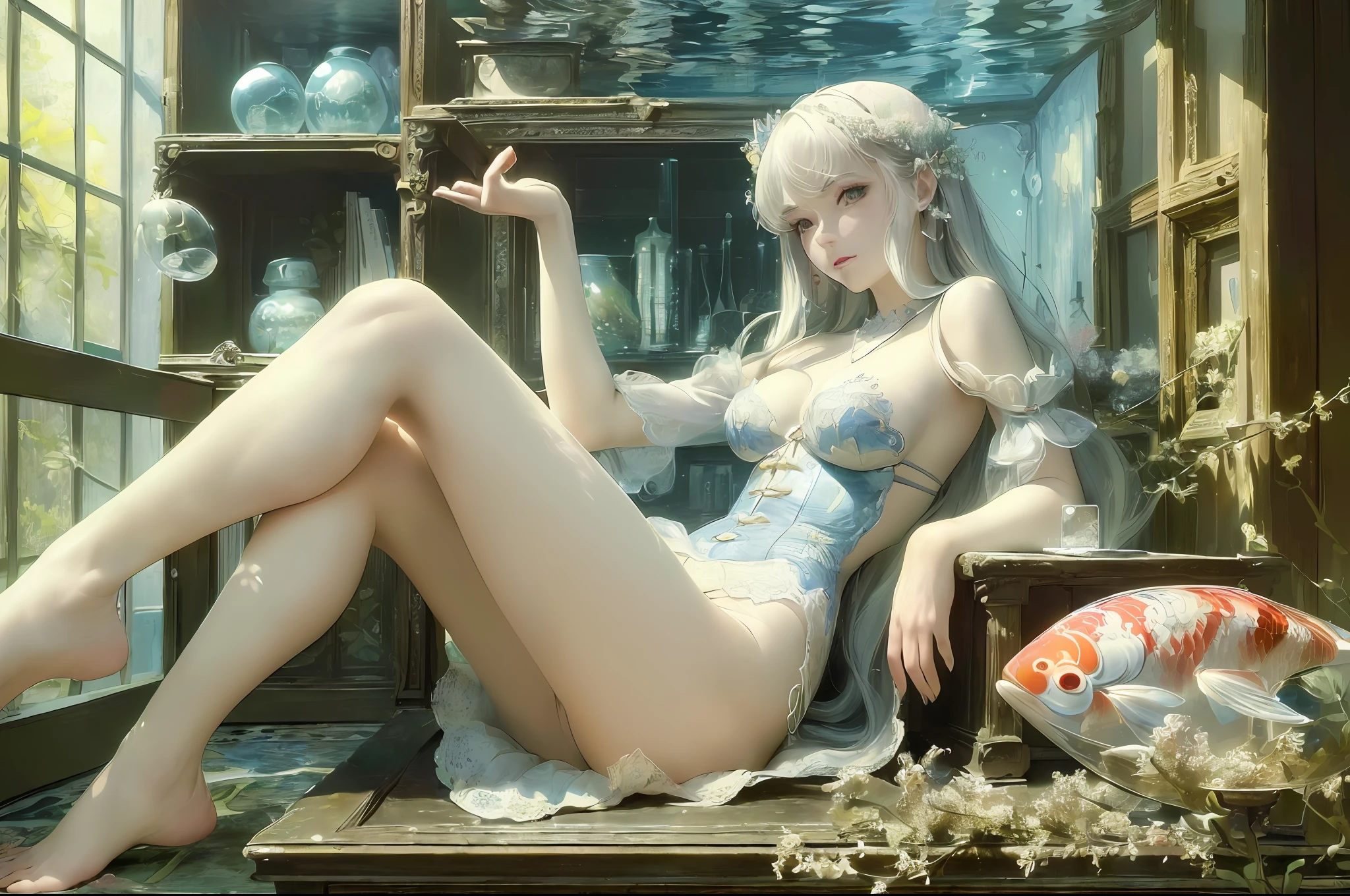 [(Transparent background: 1.5)::5],(((Masterpiece)))),(((Highest image quality))),((((Ultra)),Illustration,1 woman,Solo,Mysterious,Vivid color,Glossy,Underwater transparent sealed hemispherical glass dome, White hair, Red eye, Full body, Barefoot, Long hair, Quiet nature, Koi, Underwater, Dome, Close-up, Dynamic action, Lens perspective, (((Box configuration)))), Sitting Cross - Leaning against a bookcase, (arm + hand + thumb + 4 fingers), (Impressionist: 1.4), Vincent van Gogh