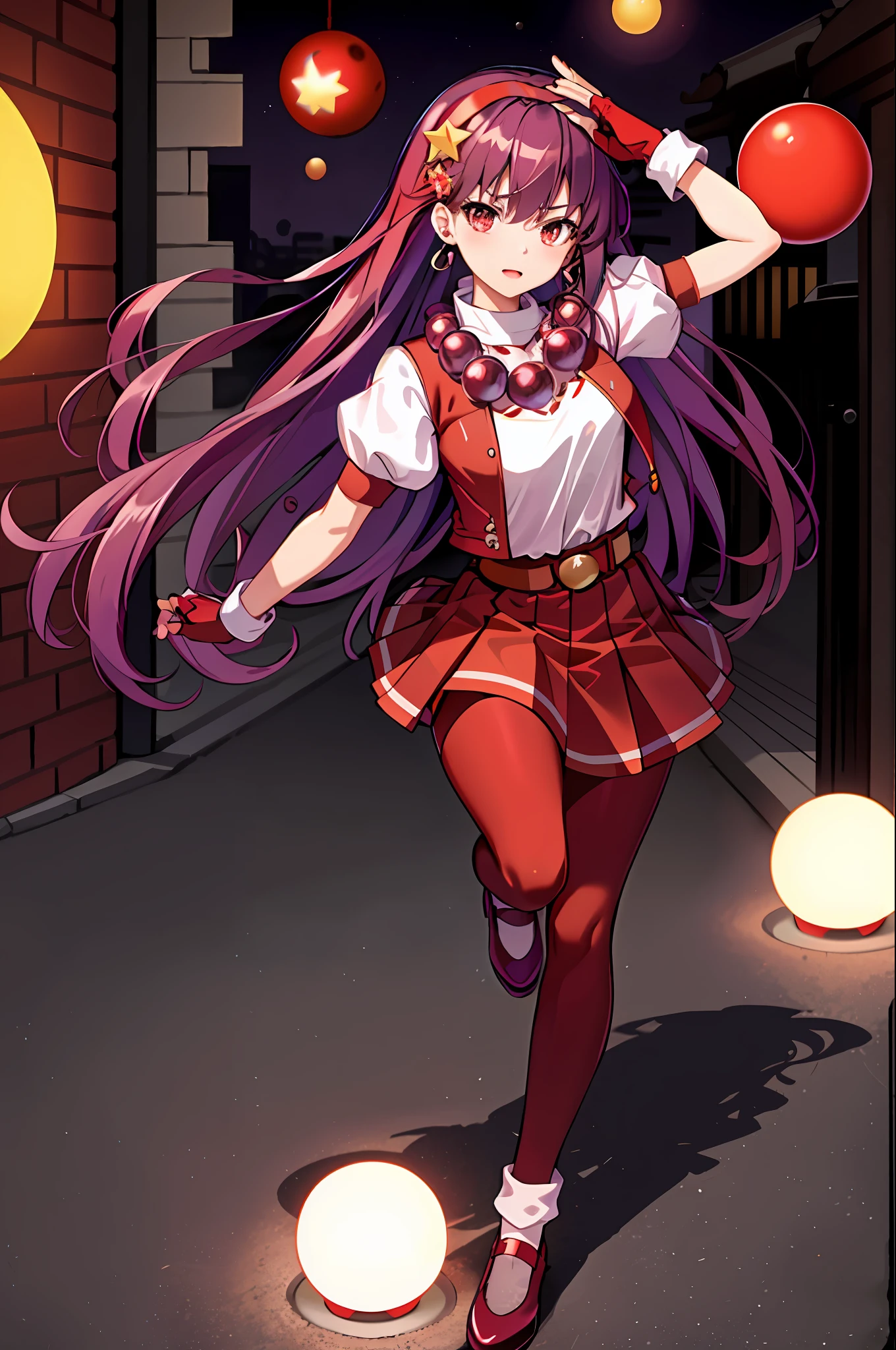 (masterpiece, top quality, best quality, official art, beautiful and aesthetic:1.2), (1girl:1.3), (fractal art:1.3), 
solo, athena97,
purple eyes, purple hair, long hair, earrings, red Mary Jane shoes, red hairband, star hair ornament,(white socks:1.1), squatting,
 medium breats, red open vest, white turtleneck, white puffy sleeves, short sleeves, red pleated skirt, deep red pantyhose,yellow belt,(puple spherical necklace:1.3), red fingerless gloves,
(outdoors),  alley, cosplay photo,  (cinmatic:0.4),street simple background, angry, blush, tears, combat pose