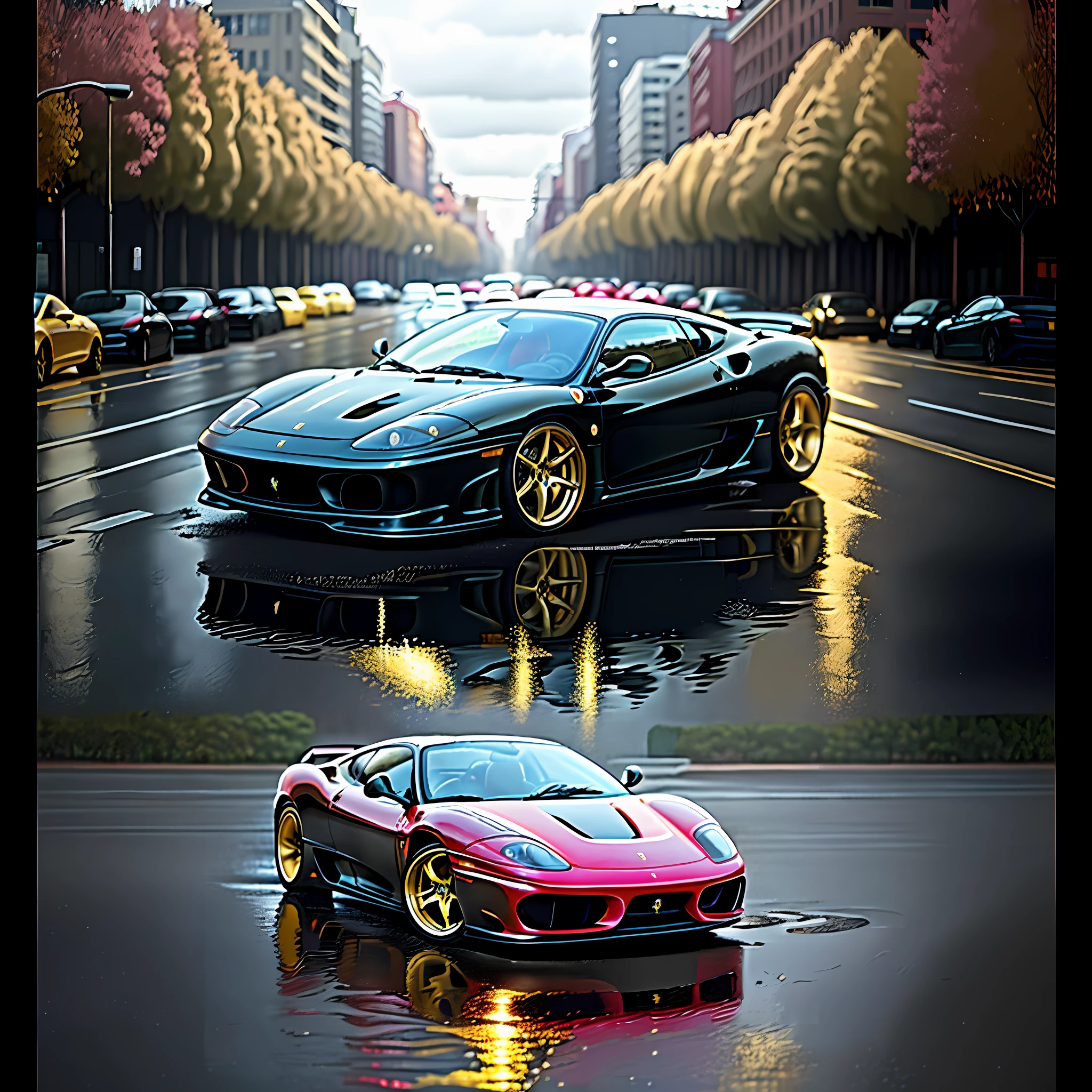 Ultra realistic 35mm photograph of a Ferrari 360 Modena Liberty Walk black, with golden wheels, with golden details, parked diagonally on the street after the rain with splashes of water on the bodywork, cinematic city and some trees with pink leaves, dramatic lighting, ultra resolution, surrealism, reflections on the ground and cloudy sky