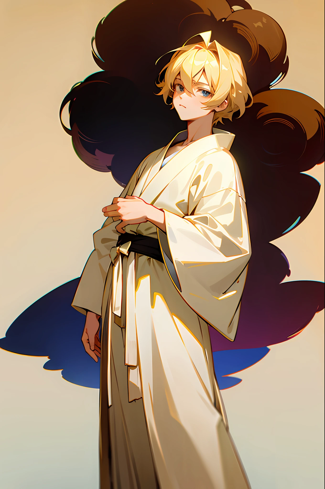 anime boy with blonde hair In a white robe, cold anime pose,((masterpiece)),((highly detailed)),((high quality)),Standing straight, holding his collar,comma hair,