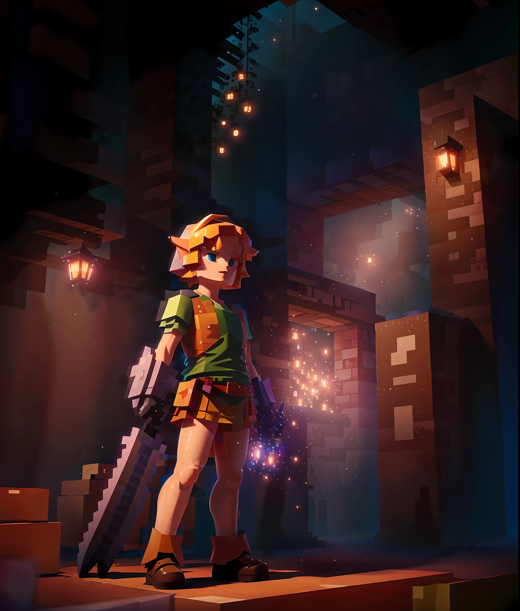 Link, ((Masterpiece, Best Quality)), illustration, ultra-detailed 8K, realistic, clear focus, highly detailed, professional lighting, colorful details, rainbow colors BREAK factory super long shot, intricate details, shitu-mecha, 1boy standing in front of the audience, navel, full body, blonde hair, pointed ears, blue eyes, hood, green clothes, bow and arrow, MINMIN style fantasy city