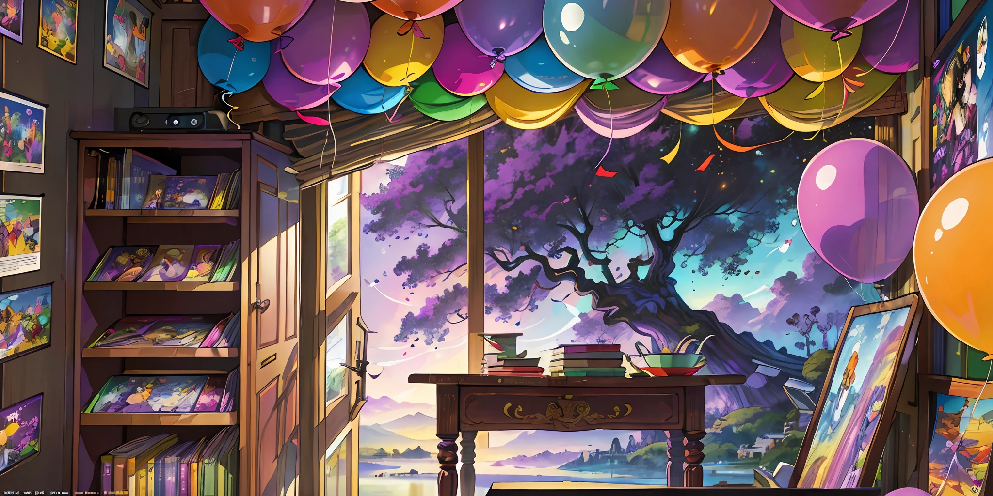 (extremely detailed and realistic CG illustration, best quality, high resolution,)an incredibly detailed and vibrant rendition of (various colorful comic book stacks placed on a table),(multiple balloons and ribbons tied at each end of the table) on a background of a (magnificently vibrant purple wall) adorned with a high-tech (LED TV and sleek sound system tucked away in a cabinet).