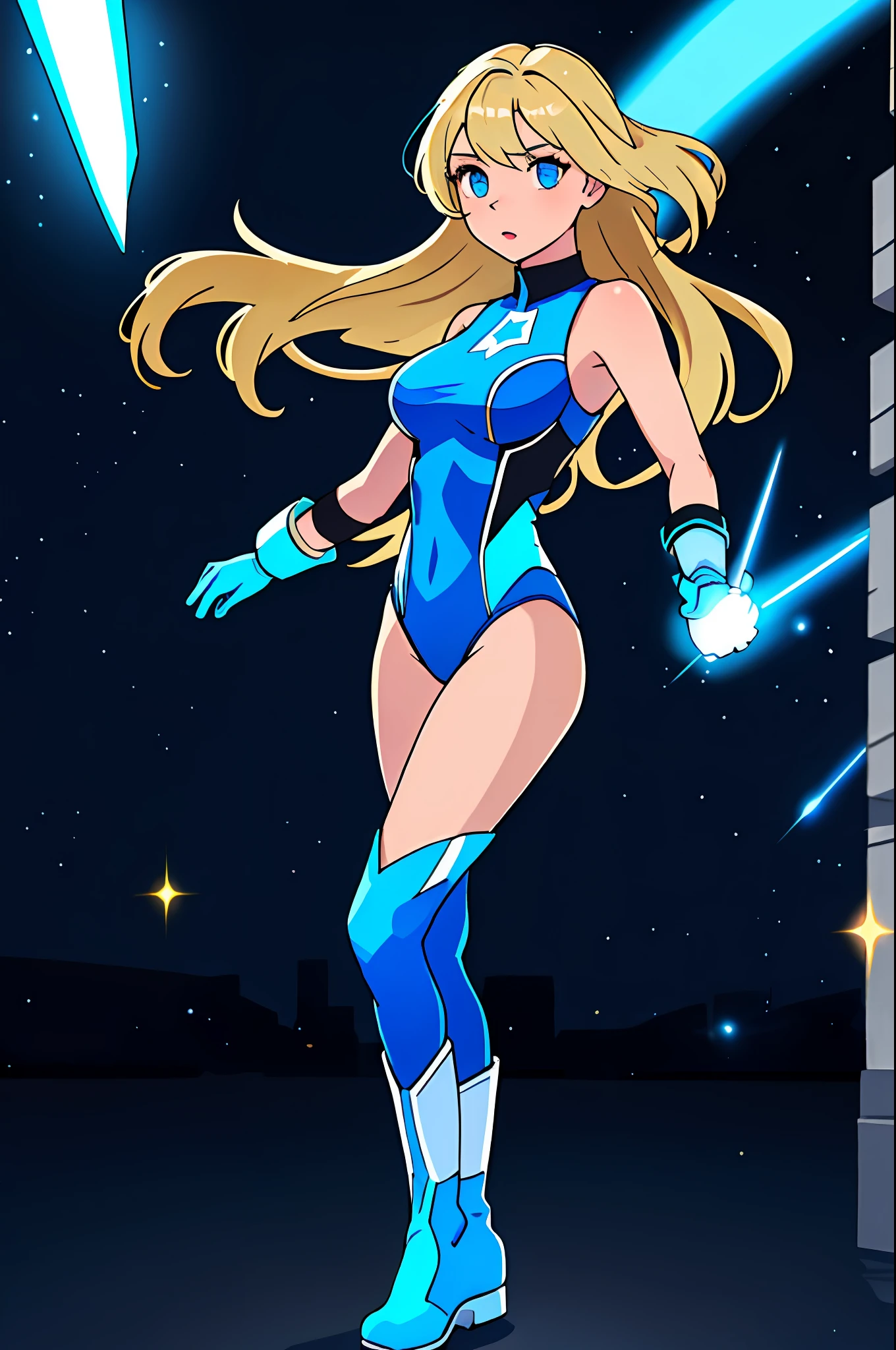 masterpiece, best quality, highres, 1girl, solo, superhero, leotard, bare legs, boots, matching boots, aura, blue aura, sleeveless, gloves, bracelets, matching gloves, looking at viewer, light particles, city backdrop, perfect hands, perfect eyes, powering up, perfect leotard, perfect legs, perfect arms, perfect fingers, blue and white leotard, blonde hair, blue eyes, medium breasts, long hair, standing, hands on hip, full body, power,