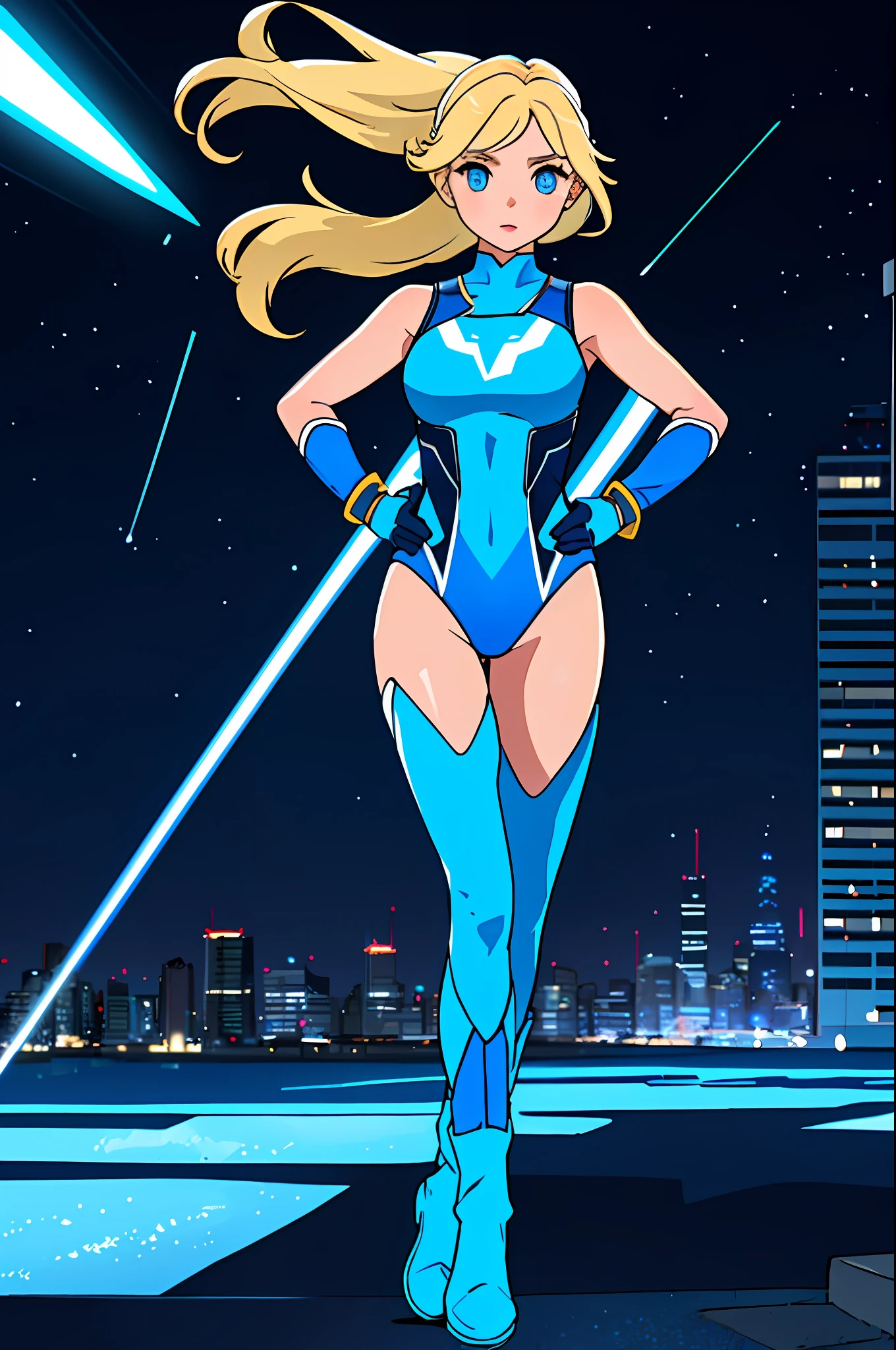 masterpiece, best quality, highres, 1girl, solo, superhero, leotard, bare legs, boots, matching boots, aura, blue aura, sleeveless, gloves, bracelets, matching gloves, looking at viewer, light particles, city backdrop, perfect hands, perfect eyes, powering up, perfect leotard, perfect legs, perfect arms, perfect fingers, blue and white leotard, blonde hair, blue eyes, medium breasts, long hair, standing, hands on hip, full body, power,