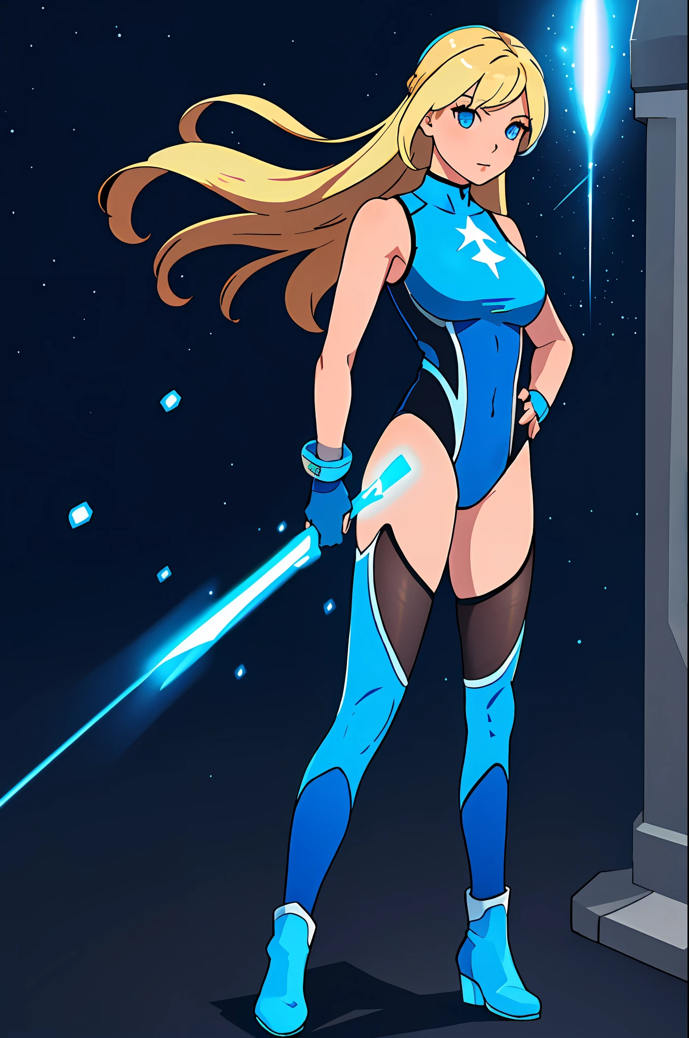 masterpiece, best quality, highres, 1girl, solo, superhero, leotard, bare legs, boots, matching boots, aura, blue aura, sleeveless, gloves, bracelets, matching gloves, looking at viewer, light particles, city backdrop, perfect hands, perfect eyes, powering up, perfect leotard, perfect legs, perfect arms, perfect fingers, blue and white leotard, blonde hair, blue eyes, medium breasts, long hair, standing, hands on hip, full body, power,