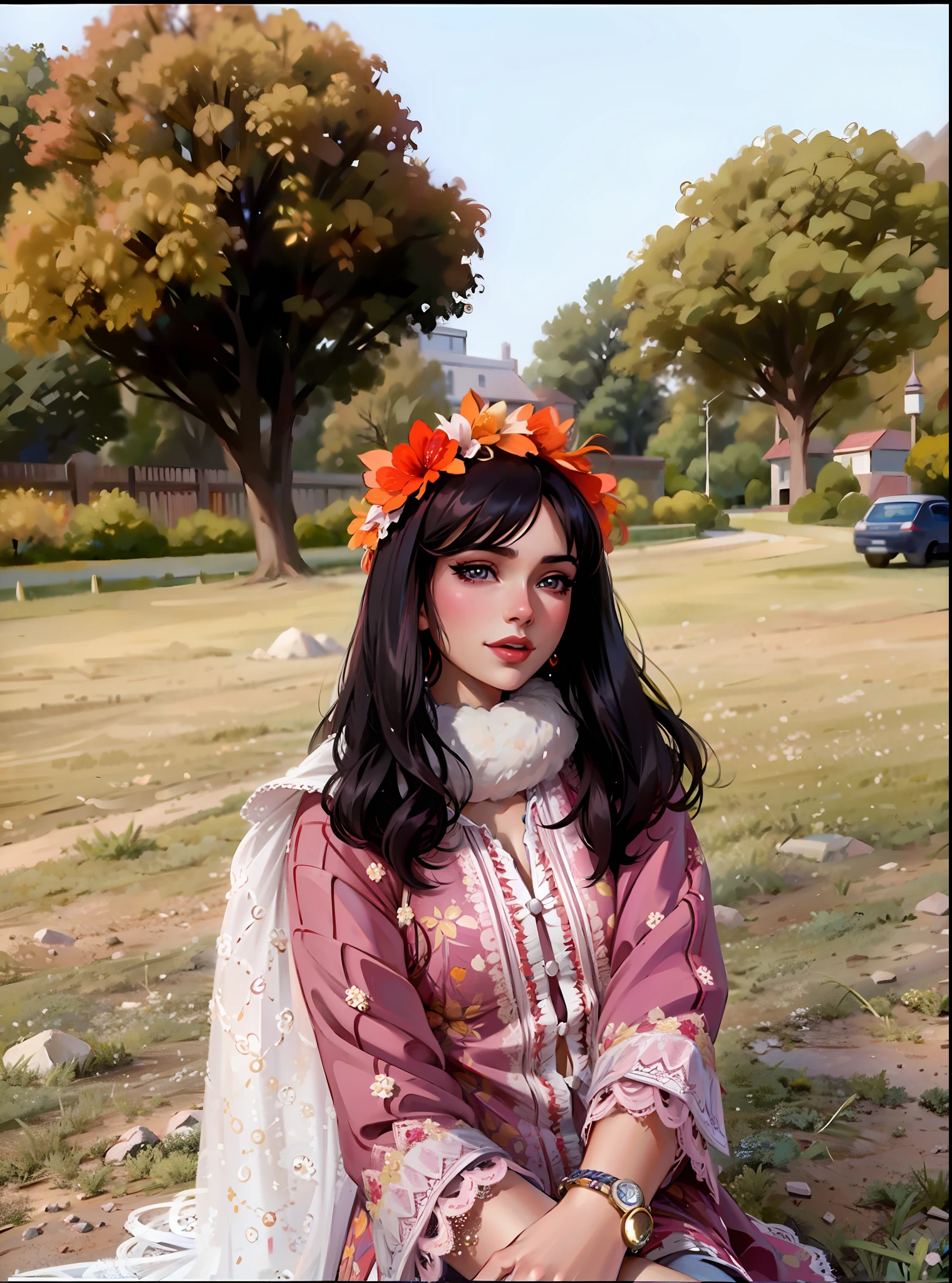 (masterpiece),(best quality:1.0), (ultra highres:1.0), detailed illustration, 8k, anime, 1girl, beautiful anime girl, wearing a pink dress, pretty face, detailed face, beautiful eyes, detailed eyes, red lips, red lipstick, smiling, beautiful hair, highlights in hair, pretty earrings, detailed, anime style, best quality