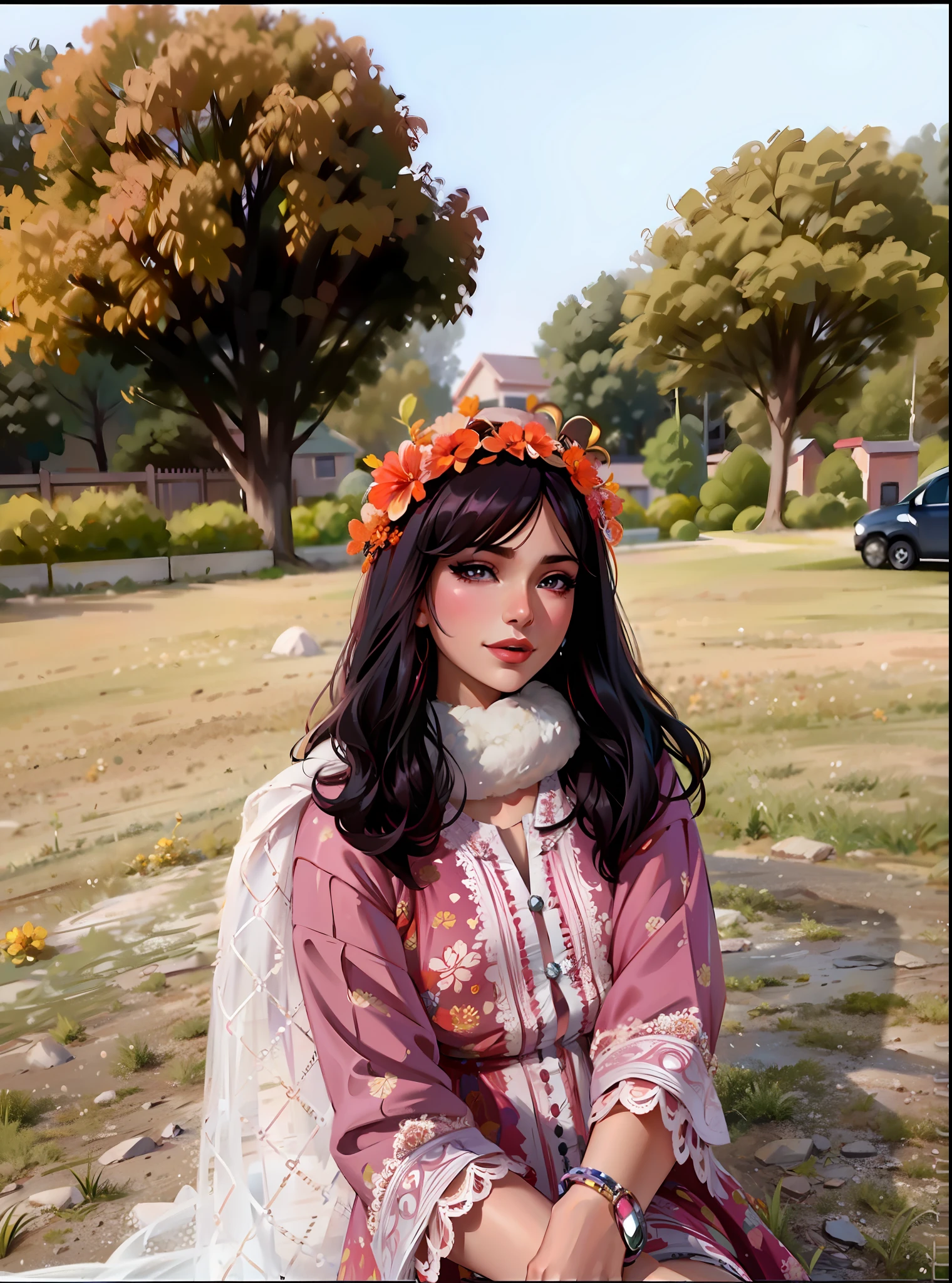 (masterpiece),(best quality:1.0), (ultra highres:1.0), detailed illustration, 8k, anime, 1girl, beautiful anime girl, wearing a pink dress, pretty face, detailed face, beautiful eyes, detailed eyes, red lips, red lipstick, smiling, beautiful hair, highlights in hair, pretty earrings, detailed, anime style, best quality