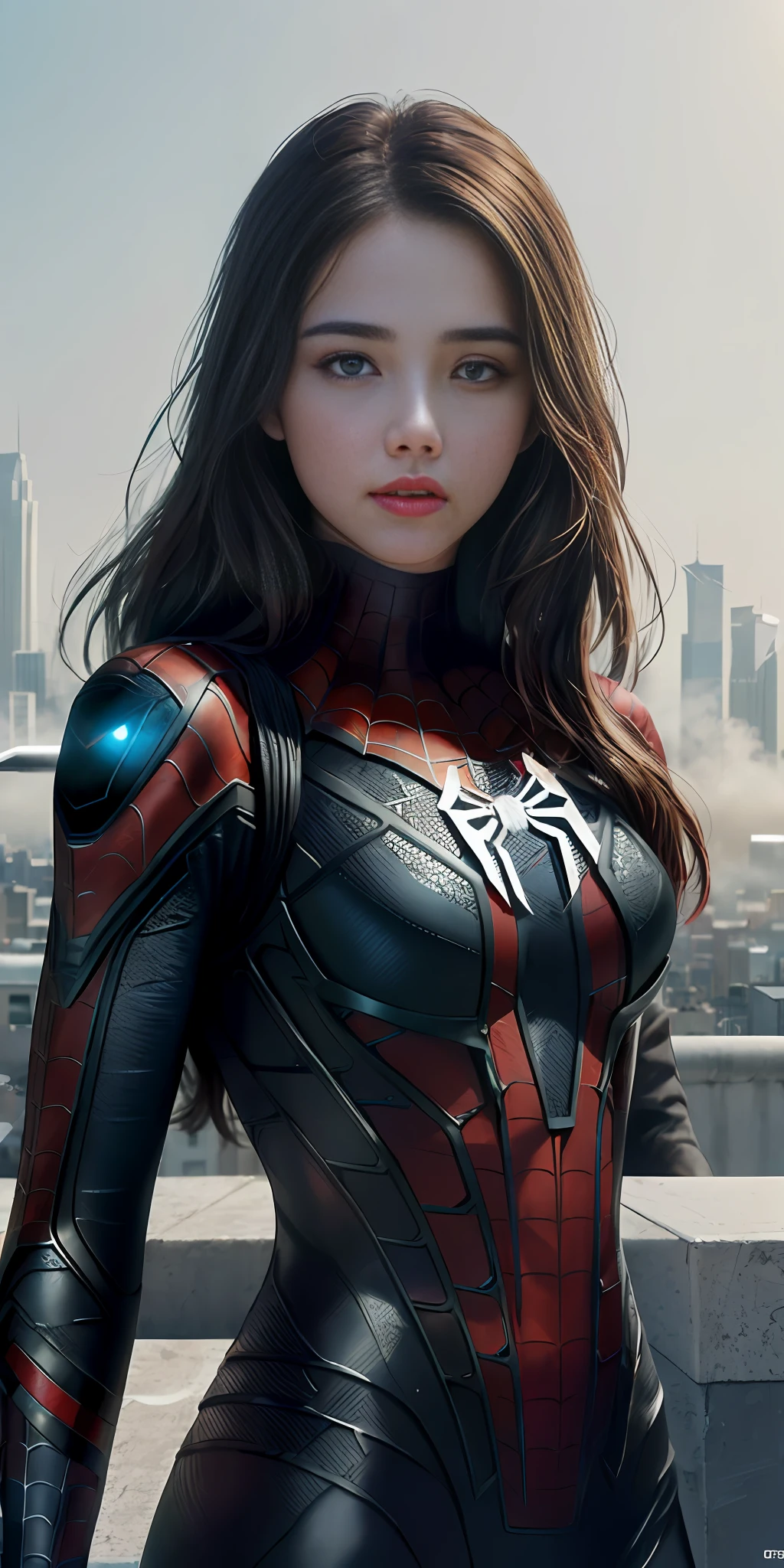 (1girl:1.3), Solo, (((Very detailed face)))), ((Very detailed eyes and face)))), Beautiful detail eyes, Body parts__, Official art, Unified 8k wallpaper, Super detailed, beautiful and beautiful, beautiful, masterpiece, best quality, original, masterpiece, super fine photo, best quality, super high resolution, realistic realism, sunlight, full body portrait, amazing beauty, dynamic pose, delicate face, vibrant eyes, (from the front), She wears Spider-Man suit, red and black color scheme, spider, very detailed city roof background, rooftop, overlooking the city, detailed face, detailed complex busy background, messy, gorgeous, milky white, highly detailed skin, realistic skin details, visible pores, clear focus, volumetric fog, 8k uhd, DSLR, high quality, film grain, fair skin, photo realism, lomography, futuristic dystopian megalopolis, translucent