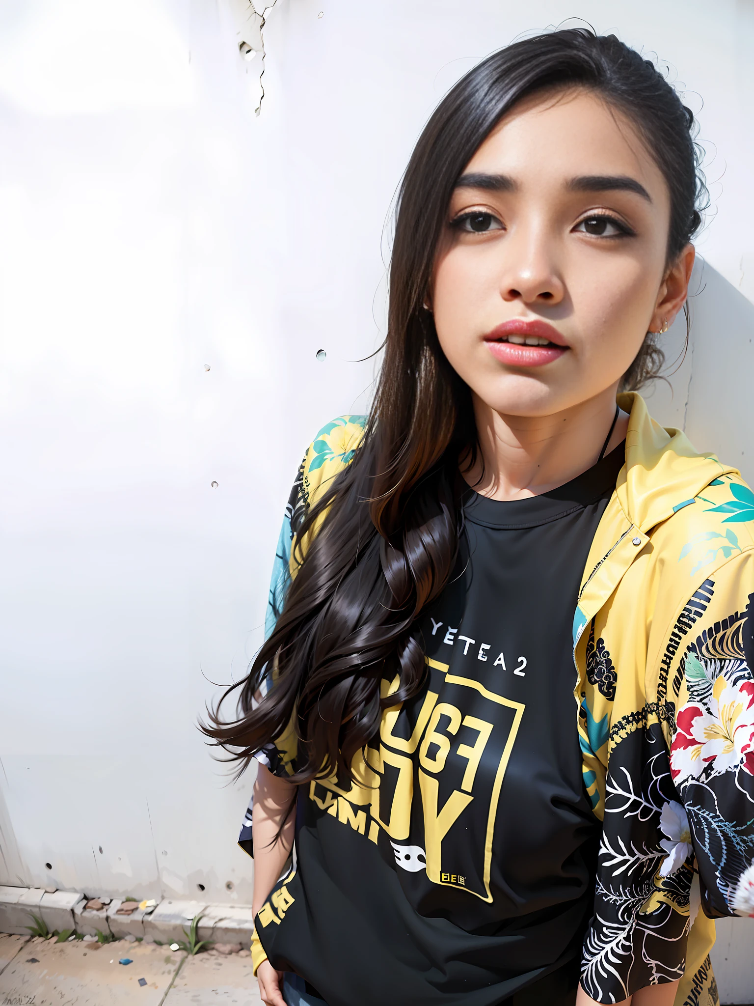 [1girl|solo], (masterpiece: 1.1), (best quality: 1.1), there is a woman standing in front of a wall, by Amelia Peláez, lorena avarez, alanis guillen, fernanda suarez, by Emma Ríos, photo of the outfit, photo portait, inspired by Germán Londoño, by Maria Helena Vieira da Silva, by Glòria Muñoz, yellow Hawaiian shirt, black shirt with yellow letters,  woman with long hair, woman 2 4 years old, white walls, granite floor,