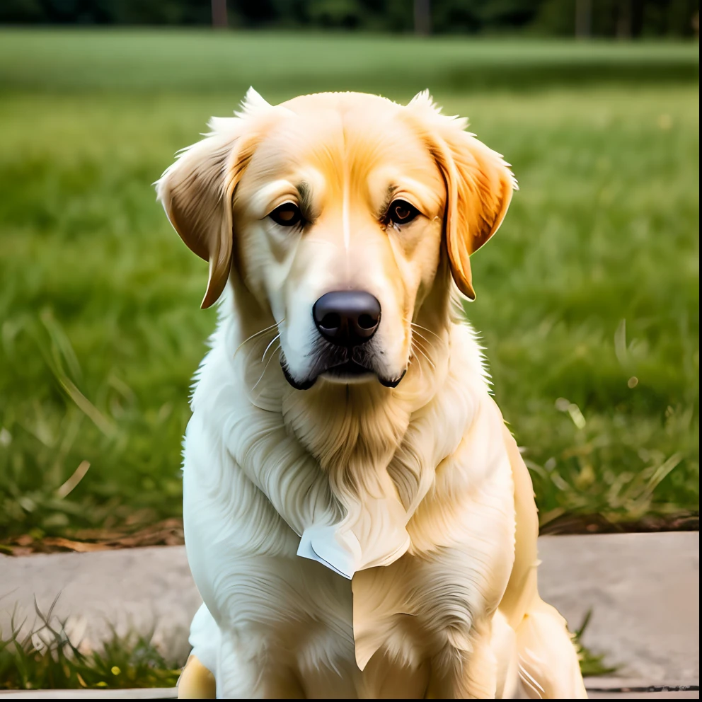 A yellow dog, sitting, 8K, ultra realistic, photographed by a Cannon 85mm, super sharp