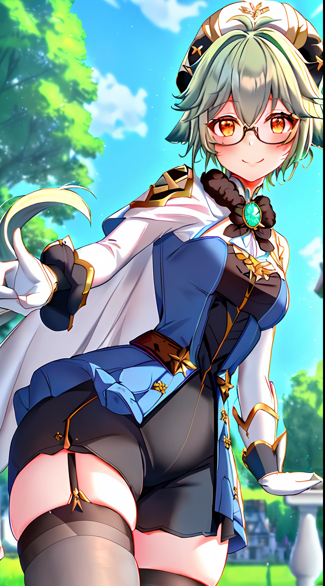 Masterpiece, Best Quality, Detail, Cane Sugar \ (Genshin Impact\), {{ass focus, show ass, {{{from below, ass grab}}}}}, animal ears, bangs, blue dress, blush, breasts, zettai ryouiki, shorts, half-rimmed glasses, fur collar, gold trim, green hair, gray stockings, white berets, long hair, medium breasts, orange eyes, ponytail, short skirt, shrug (clothing) , smile, solo, cape, stockings, thighs, garters, white gloves, mksks style, blue sky, highly detailed background, floral background, medieval house, professional lightning, sunlight, trees,