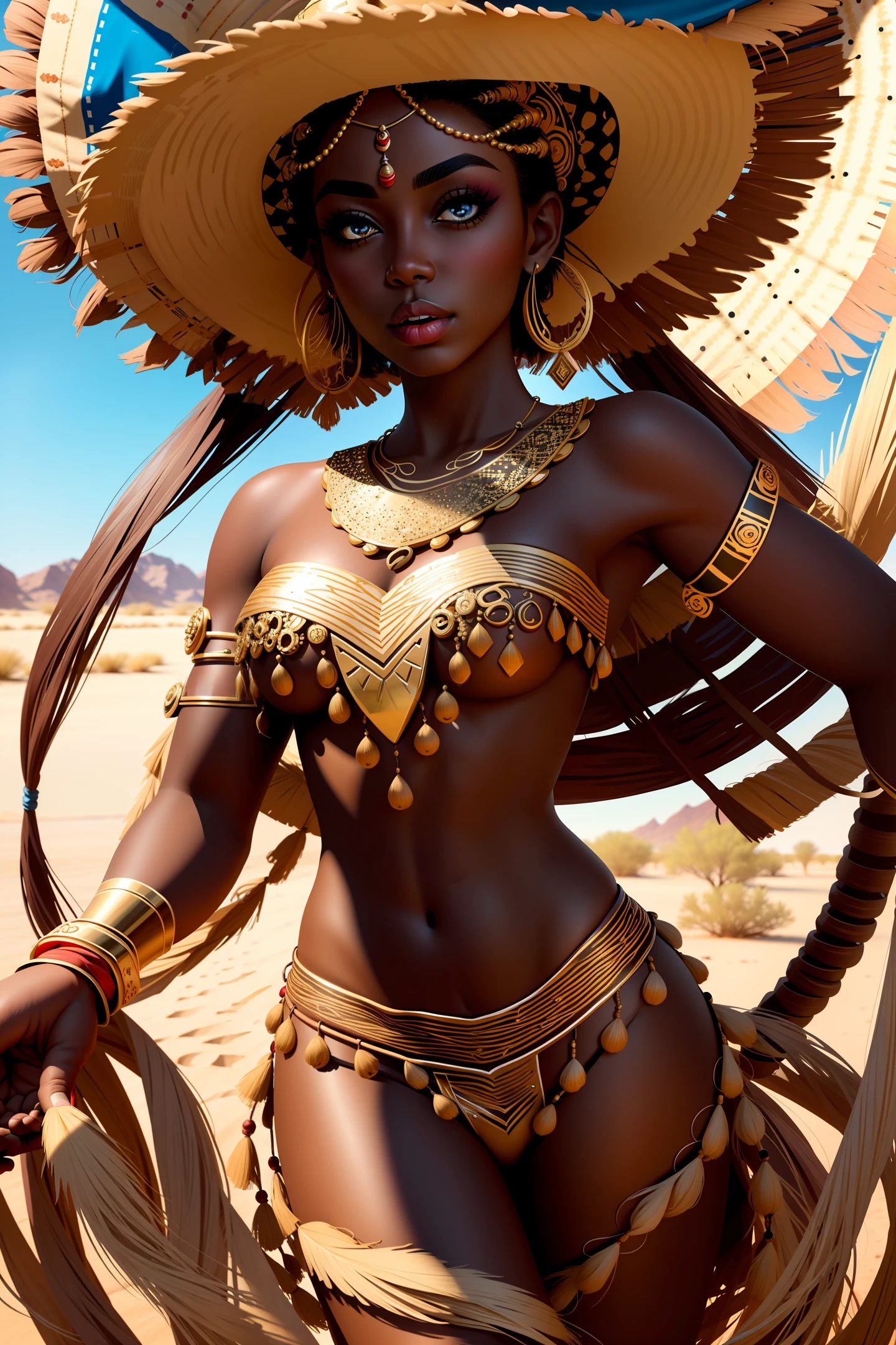 (masterpiece:1.2), (best quality:1.2), perfect eyes, perfect face, perfect lighting, photoshoot, 1girl, mature female wearing SSAHC, SSAHC, dark-skinned, colorful tribal dress, headdress, thick eyelashes, makeup, eyeshadow, medium hair, oasis, desert detailed outdoor background