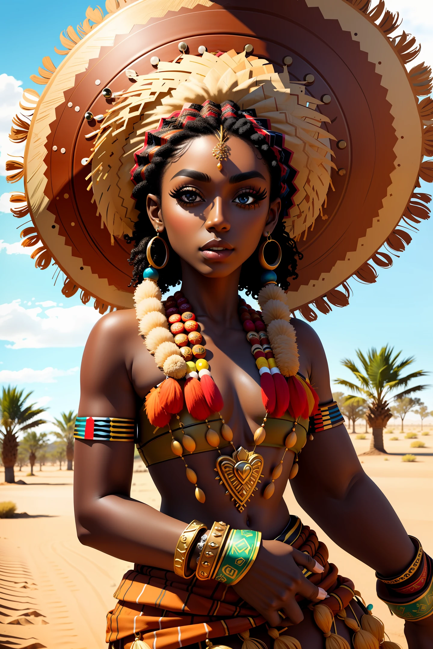 (masterpiece:1.2), (best quality:1.2), perfect eyes, perfect face, perfect lighting, photoshoot, 1girl, mature female wearing SSAHC, SSAHC, dark-skinned, colorful tribal dress, headdress, thick eyelashes, makeup, eyeshadow, medium hair, oasis, desert detailed outdoor background