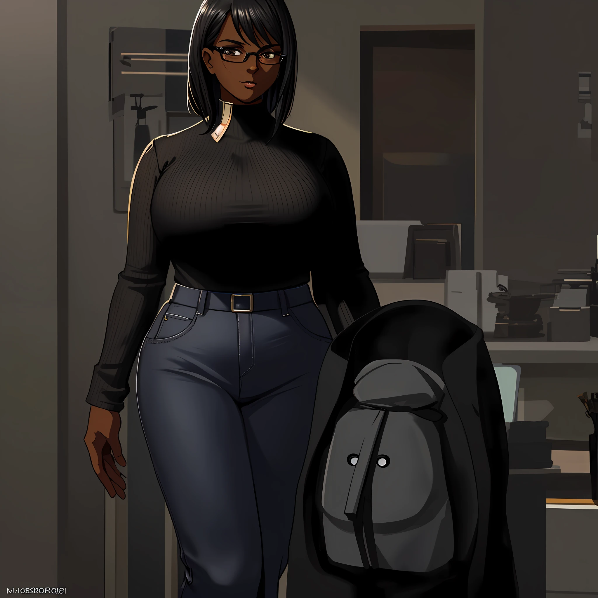 [(extremely detailed, masterpiece, best quality),(dark skinned woman, short straight black hair, wearing glasses, black pants, short top, slightly fat body), (large chest and marking) (1 woman) (sexy fat woman)