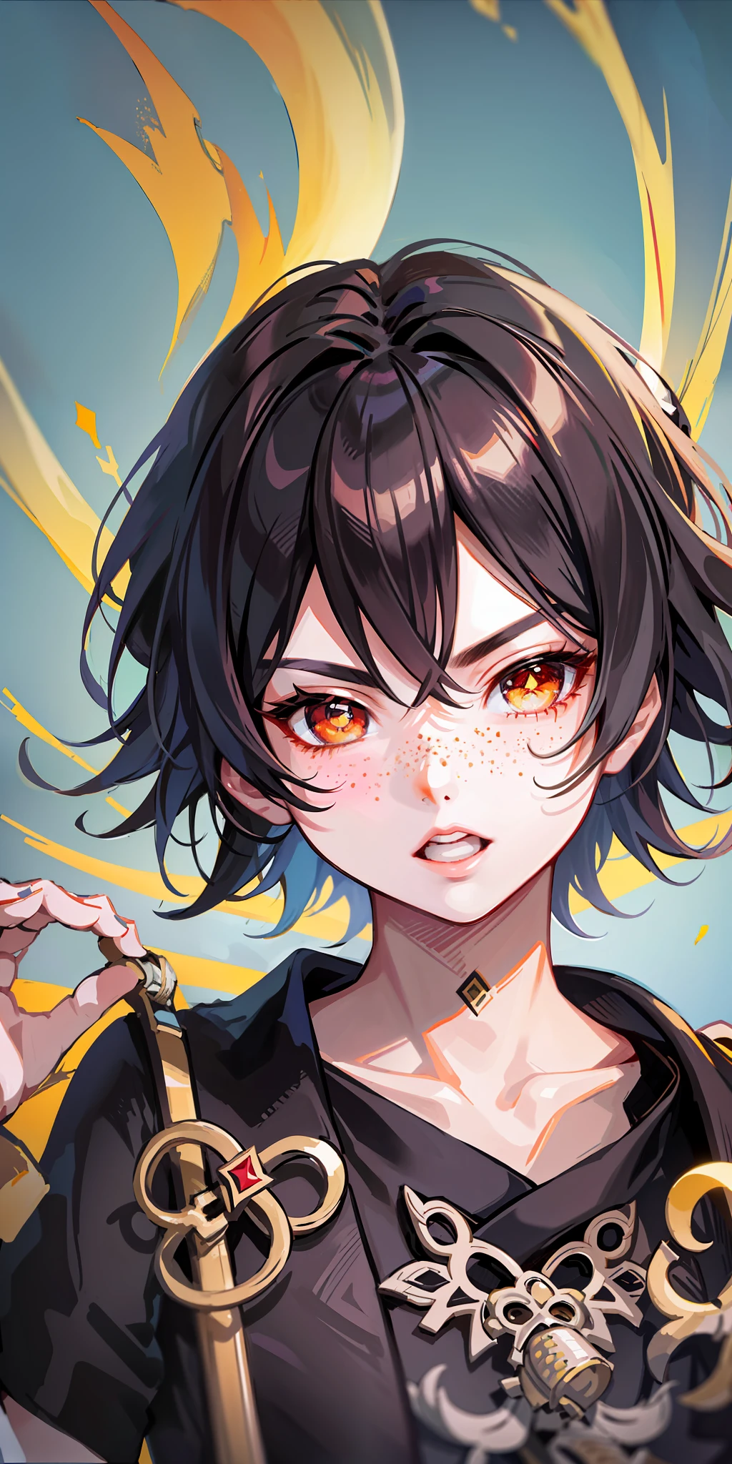 Masterpiece, best quality, high resolution,
Samurai, 1 girl, solo, short hair, hair between eyes, freckles under both eyes, hands on face, steppe background, Shinkai Makoto style, --v 6