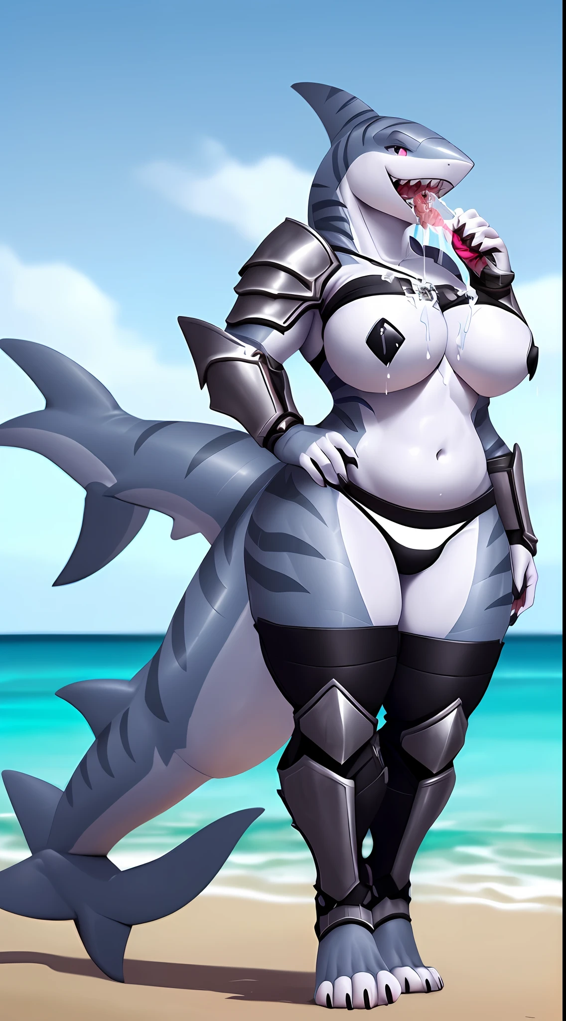 (((Shark))), anthro, (wearing tube top), (wearing armor leggings), high detail, high resolution, raw photo, beach background, 1girl, solo, big breasts, high quality, hi res, sharp, detailed body, detailed, cartoony, ((looking at viewer)), angry, mad, chubby, muffin top, whole body, ((full body portrait)), far away, (((full body concept))), Medieval, rpg, (((cameltoe))), ((wet)), ((blushing)), ((hand on butt)), nsfw, (((tied up))), ((((gaping mouth, tongue, saliva, white liquid, yoghurt in mouth, yoghurt on chest, yoghurt on face, yoghurt on belly, yoghurt on panties, yoghurt on thighs, yoghurt inner thighs, drenched in yoghurt)))), ((((yoghurt on butt, bent over, facing away from camera))))