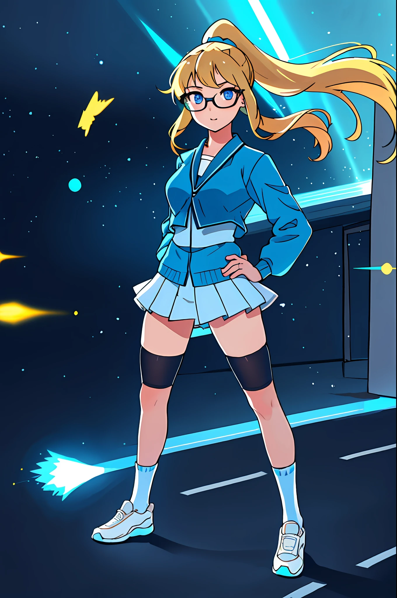 masterpiece, best quality, highres, 1girl, solo, high school uniform, bare legs, aura, blue aura, looking at viewer, light particles, city backdrop, perfect hands, perfect eyes, powering up, perfect legs, perfect arms, perfect fingers, blonde hair, blue eyes, medium breasts, long hair, standing, hands on hip, closed fists, hair down, glasses, ponytail, matching socks, full body,