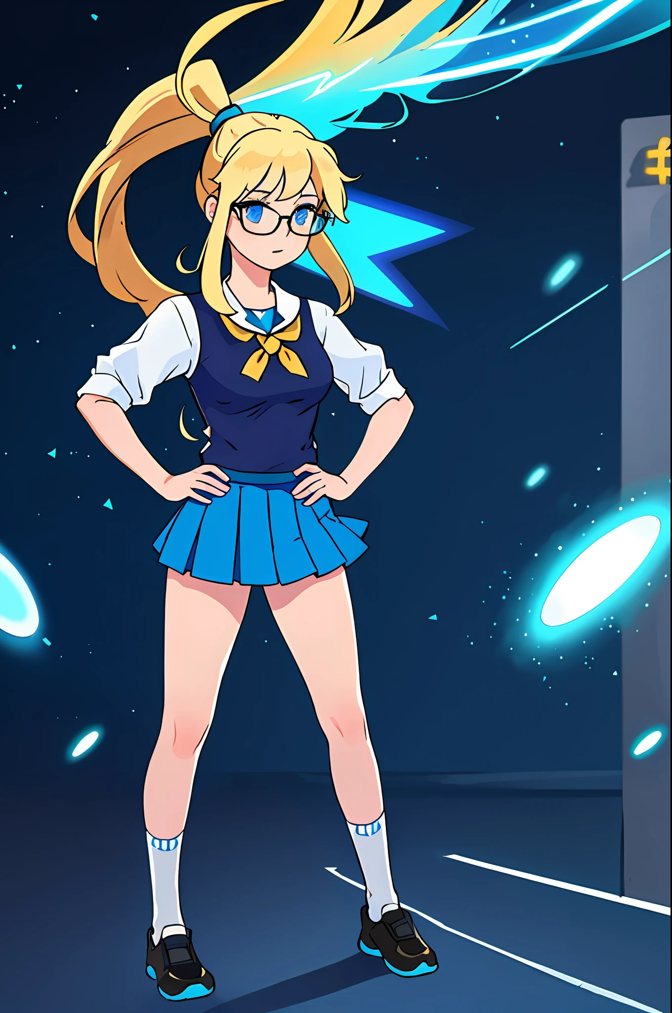 masterpiece, best quality, highres, 1girl, solo, high school uniform, bare legs, aura, blue aura, looking at viewer, light particles, city backdrop, perfect hands, perfect eyes, powering up, perfect legs, perfect arms, perfect fingers, blonde hair, blue eyes, medium breasts, long hair, standing, hands on hip, closed fists, hair down, glasses, ponytail, matching socks, full body,