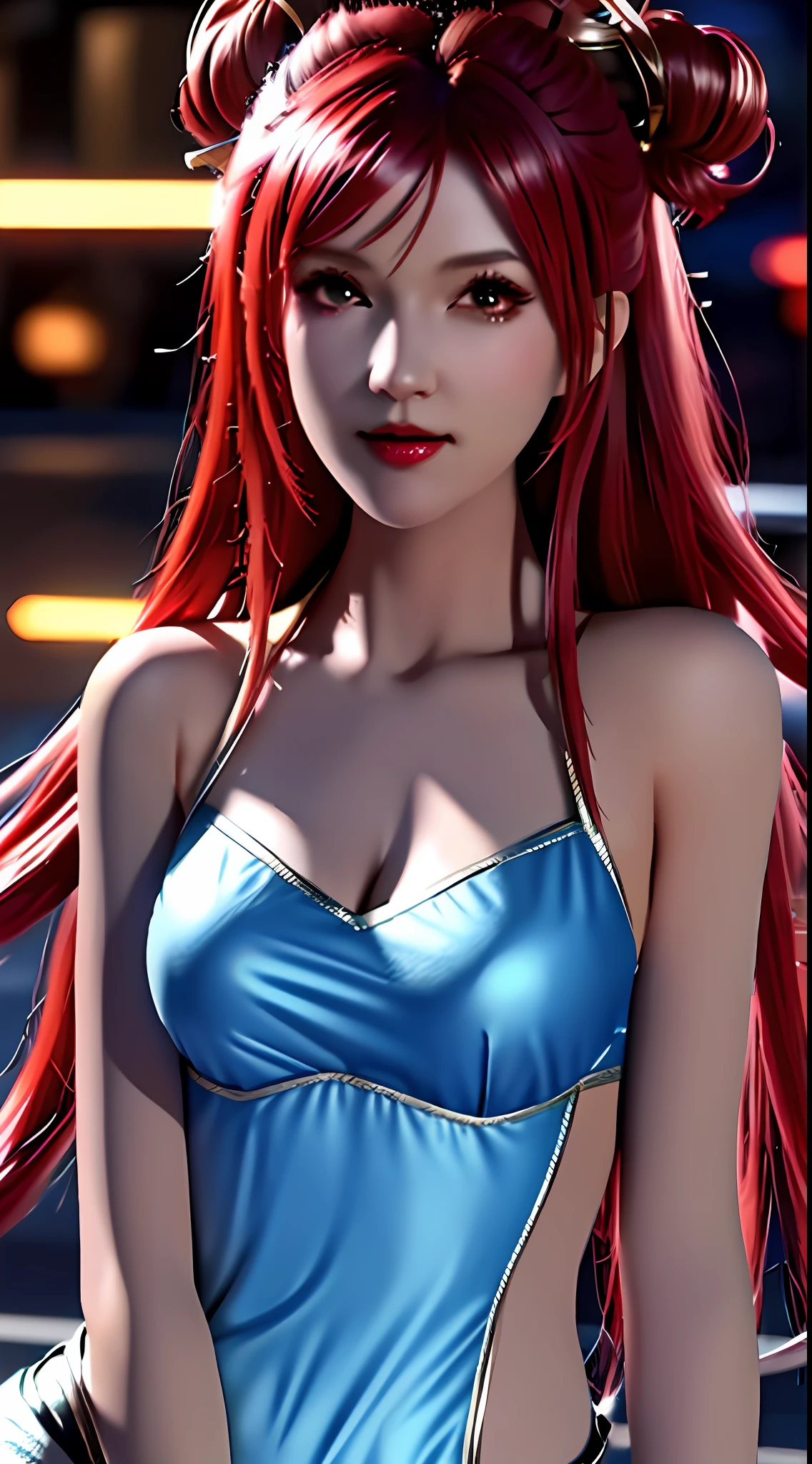 high angle photo of a gorgeous 34 year old woman, healthy skinny,short, small, realistic skin texture, looks up, smiling, big lips, little noose, sexy (red steampunk clothes), steampunk cosplay, (red hair with blue mops), blue hair mops, little boobs, small boobs,flexy boobs, small tits,skinny, posing on the street, night city(cyberpunk), street shops in the background, neon lights, 1 / 2 body crop, 21 5 mm art lens, f 1. 1, sharp focus, 8 k high definition, insanely detailed, intricate, elegant, photorealistic, real life, big shoulder, little neck, long lash, full lips, big lower lip, photo like, realistic picture, symmetric eyes, ray tracing, RTX