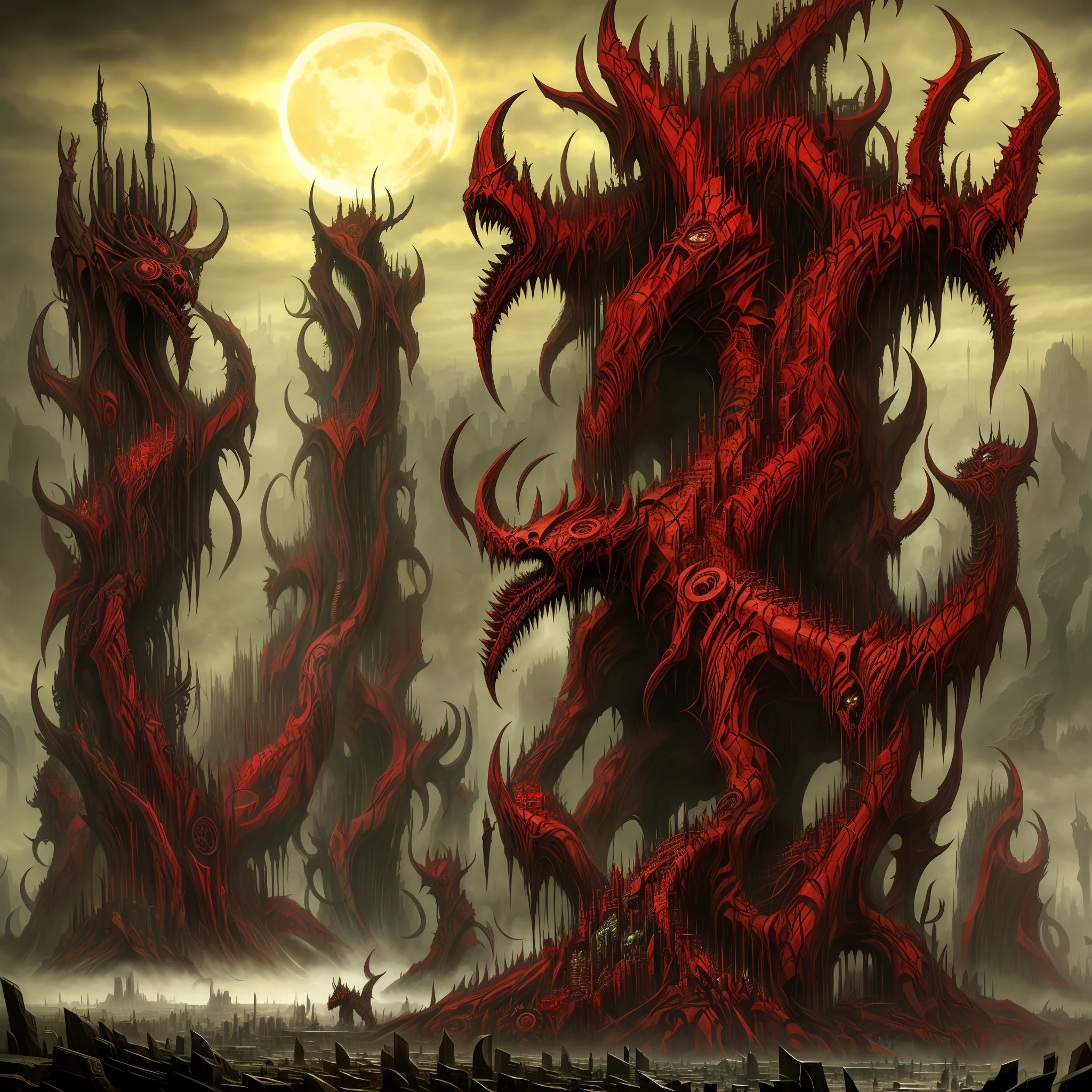 Gods of the cataclysm devastating a futurist biomechanical city. Horror art, madness monuments, landscape of horror. Color drawing,