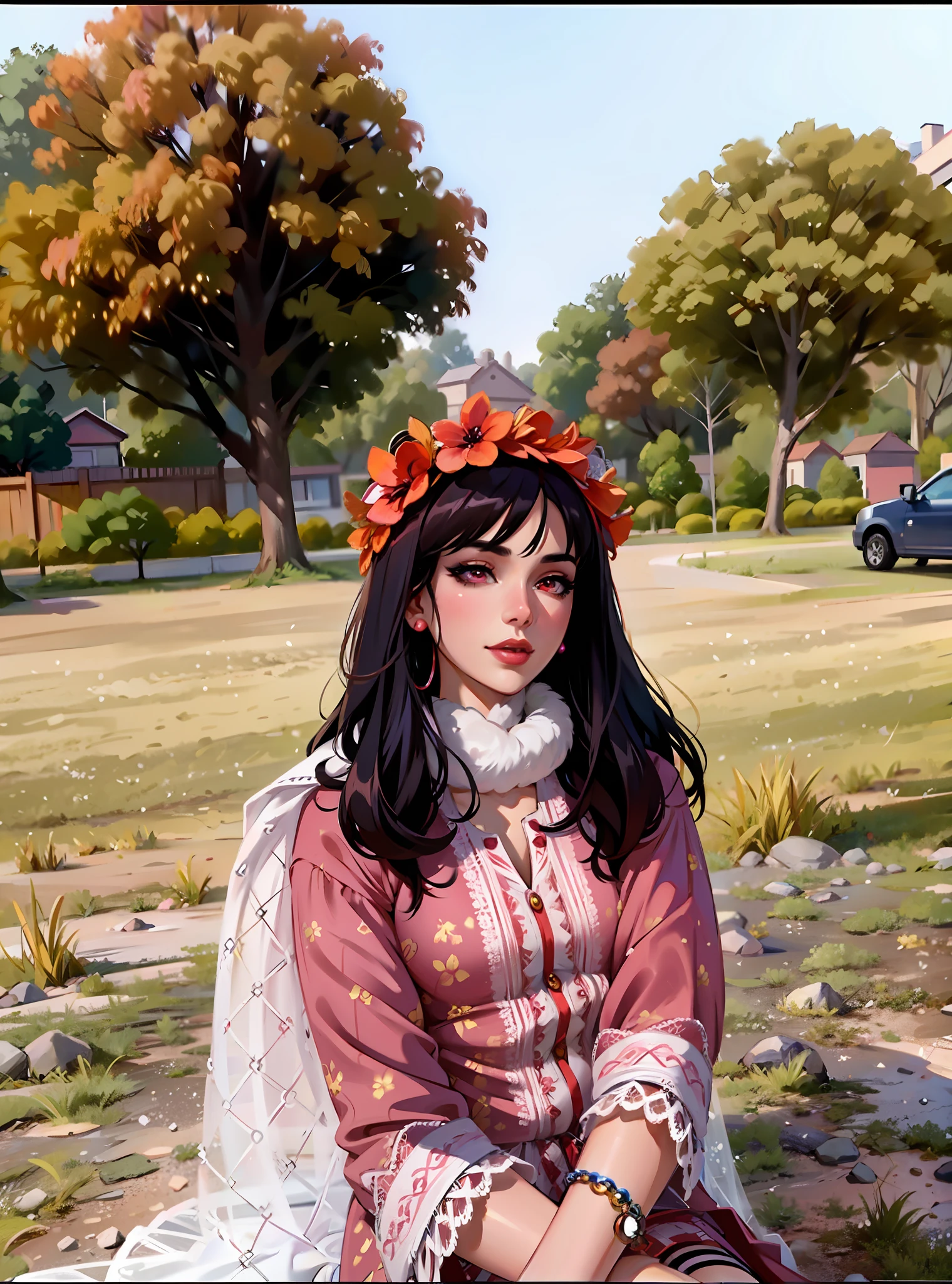 (masterpiece),(best quality:1.0), (ultra highres:1.0), detailed illustration, 8k, anime, 1girl, beautiful anime girl, wearing a pink dress, pretty face, detailed face, beautiful eyes, dark red eyes, detailed eyes, red lips, red lipstick, smiling, beautiful hair, highlights in hair, pretty earrings, detailed, anime style, best quality