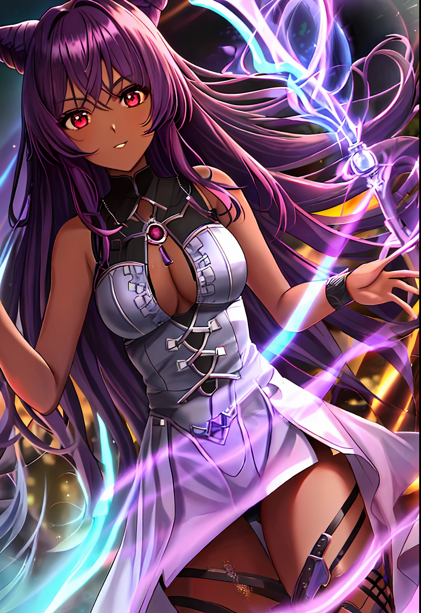 1 girl, brown skin, red eyes, purple hair, shining hair, hair evil aura purple shining, (blackening, dark aura, evil aura),