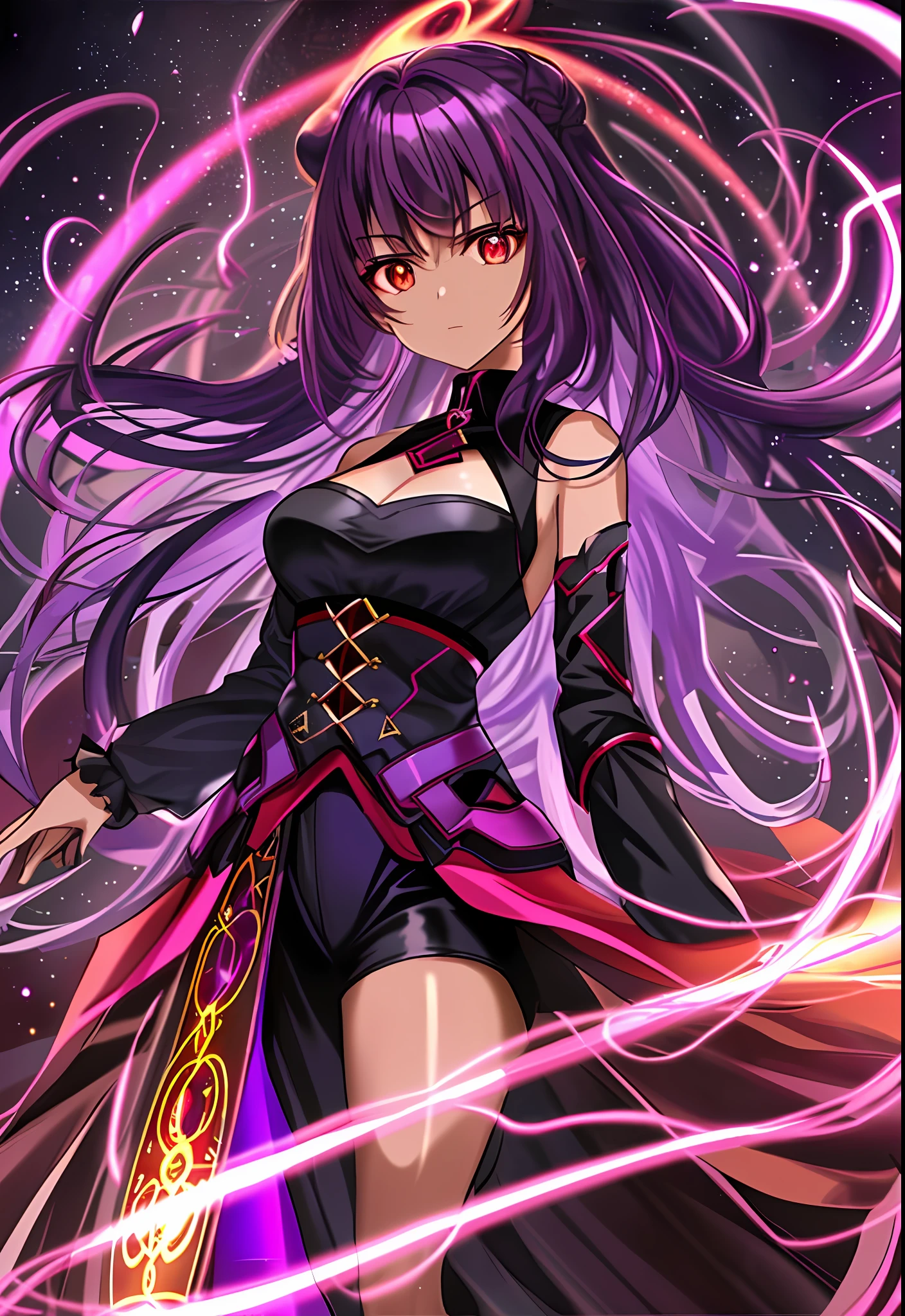 1 girl, brown skin, red eyes, purple hair, shining hair, hair evil aura purple shining, (blackening, dark aura, evil aura), corrupt girl, brainwashing,