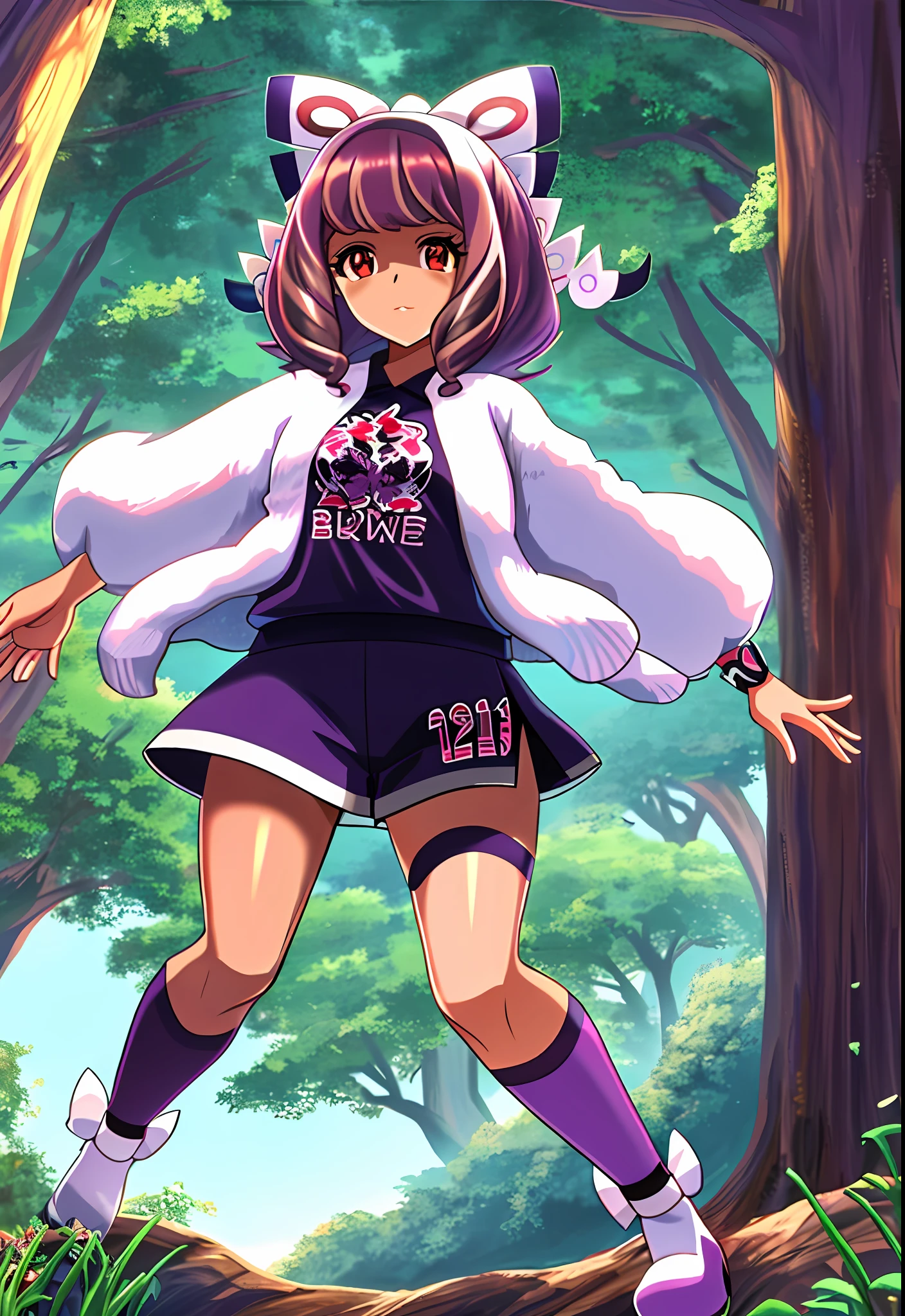 anime, girl, brown skin, red eyes, purple hair, shiny hair, hair evil aura purple shining,