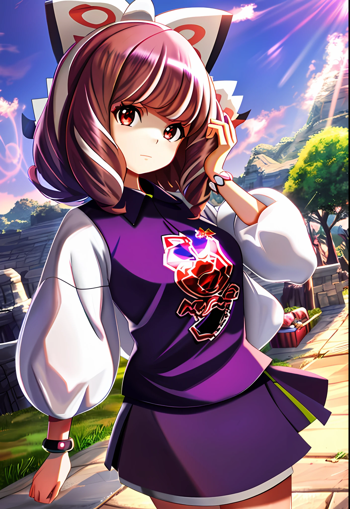 anime, girl, brown skin, red eyes, purple hair, shiny hair, hair evil aura purple shining,