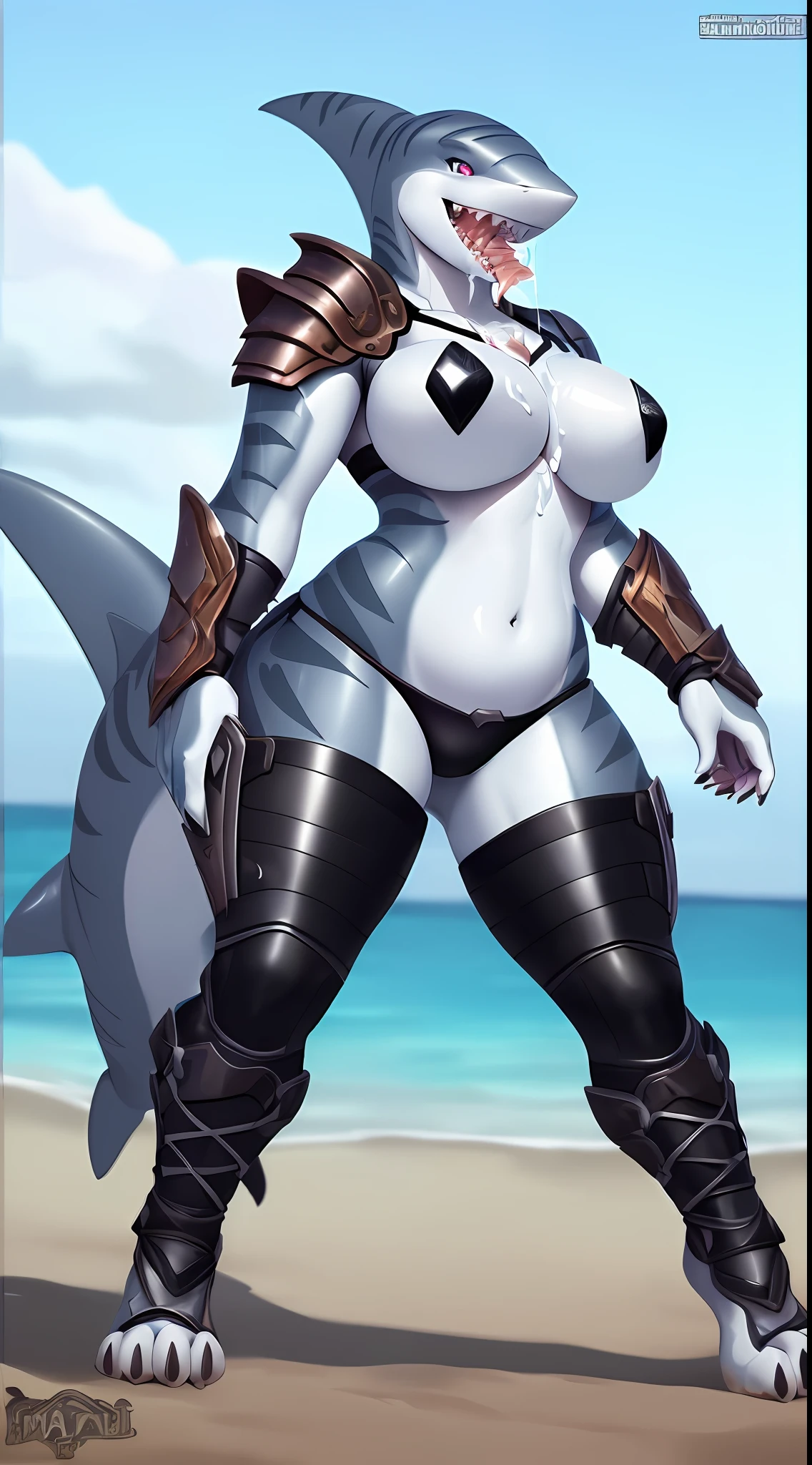 (((Shark))), anthro, (wearing tube top), (wearing armor leggings), high detail, high resolution, raw photo, beach background, 1girl, solo, big breasts, high quality, hi res, sharp, detailed body, detailed, cartoony, ((looking at viewer)), angry, mad, chubby, muffin top, whole body, ((full body portrait)), far away, (((full body concept))), Medieval, rpg, (((cameltoe))), ((wet)), ((blushing)), ((hand on butt)), nsfw, (((tied up))), ((((gaping mouth, tongue, saliva, white liquid, yoghurt in mouth, yoghurt on chest, yoghurt on face, yoghurt on belly, yoghurt on panties, yoghurt on thighs, yoghurt inner thighs, drenched in yoghurt)))), ((((yoghurt on butt, bent over, facing away from camera))))