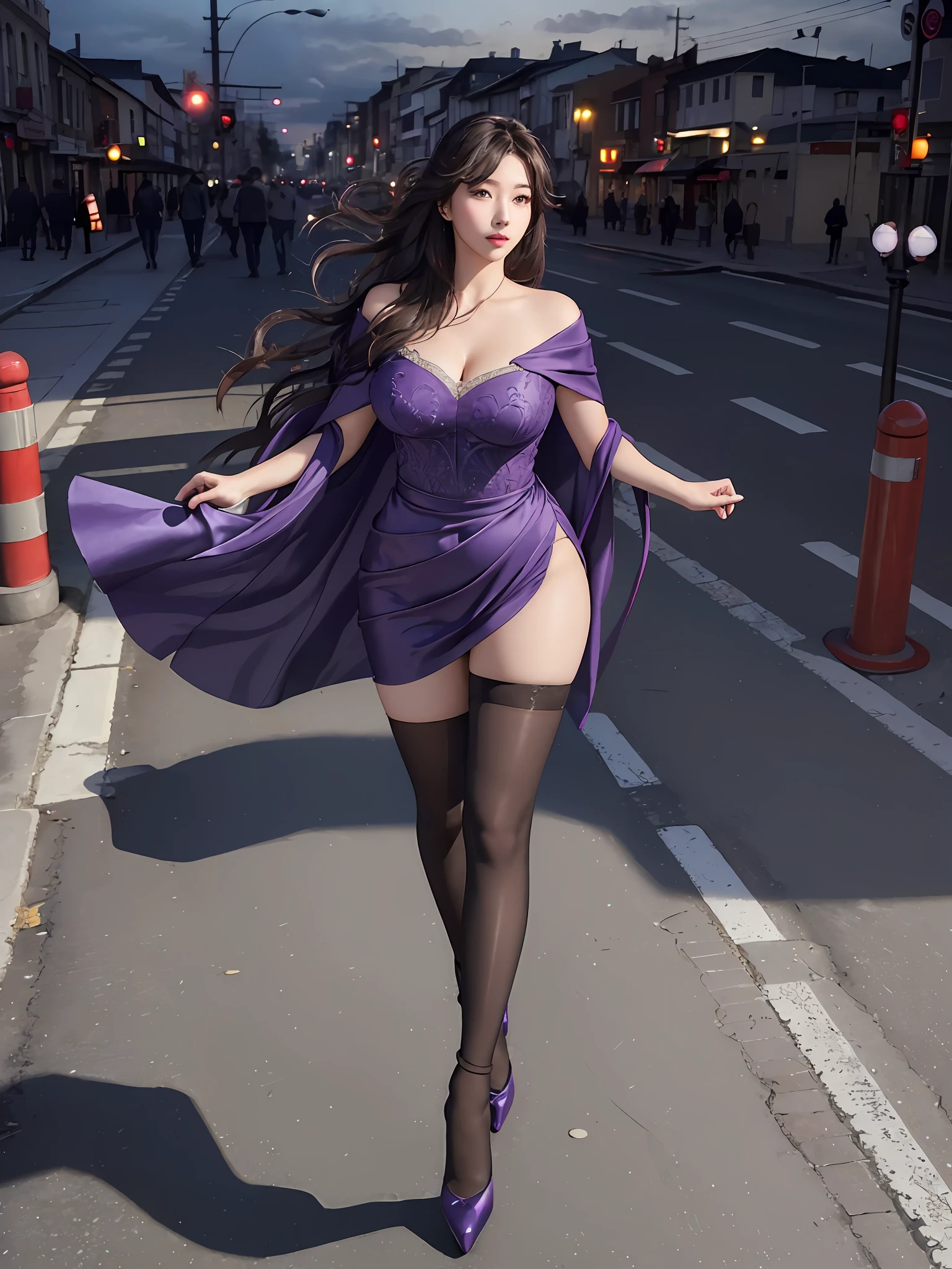 ((masterpiece, best quality)),((Ultra detailed,extremely intricate,ultra high res,RAW,HDR,))(photorealistic:1.2) 1girl, looking at viewer, Japanese, college student, 20 years old, full body, lens 135mm, f1.8, inely detailed, beautiful eyes, show thighs, black pantyhose, perfect eye makeup, big eyes, glowing eyes, detailed skin texture, fine cloth texture, amazing gradient color, ray tracing, side lighting, edge lighting, best shadow, perfect female body, plump, perfect thighs, shiny skin, shiny skin, perfect, perfect buttocks, perfect anatomy, city street background, busy street scene, (night), red shiny dress, Wearing a purple luxury dress, [see-through: evening dress: 0.5], black pantyhose, stockings, looming thighs, showing calves, many passers-by watched to show their outstanding expressions