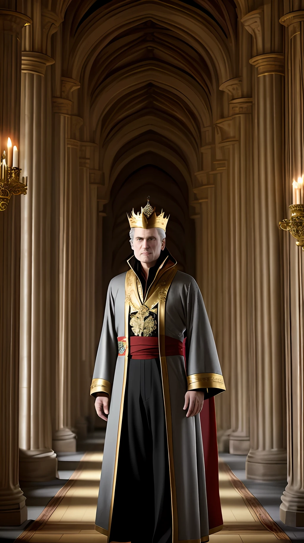 Baron Cedric:
Height: Tall and burly, about 1.95 meters. Appearance: Short gray hair, gray eyes and a striking scar on the face. Dress: Wears a red robe embroidered with golden threads and a gold crown. Personality: Expresses authority and confidence, with a challenging gaze. The setting takes place in the great hall of Baron Cedric's castle. The hall is spacious, with tall stone columns and vaulted ceiling. Tall windows let in natural light, highlighting the grandeur of the space. Walls adorned with colorful tapestries tell stories of the baron's past battles and victories. In the center of the hall, a solid wood table is covered with food feasts and wine glasses. Baron Cedric is dressed in a majestic and imposing costume, suited to his status. He wears a dark red robe, made of luxurious fabric and embroidered with golden threads that form intricate patterns. The mantle has a turtleneck, adorned with noble animal skins. Underneath the robe, he wears a white silk tunic, richly decorated with gold accents.