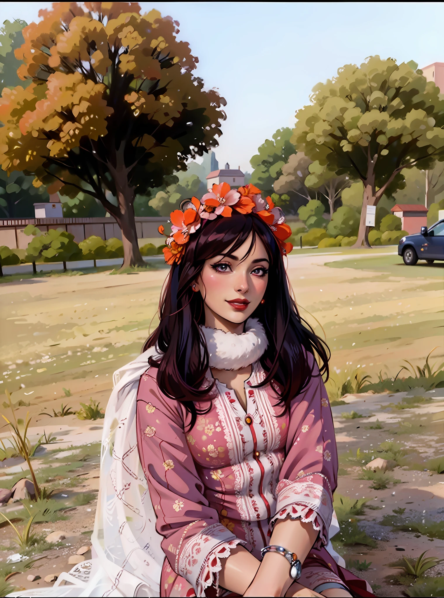 (masterpiece),(best quality:1.0), (ultra highres:1.0), detailed illustration, 8k, anime, 1girl, beautiful anime girl, wearing a pink dress, pretty face, detailed face, beautiful eyes, detailed eyes, red lips, red lipstick, smiling, beautiful hair, highlights in hair, pretty earrings, detailed, anime style, best quality