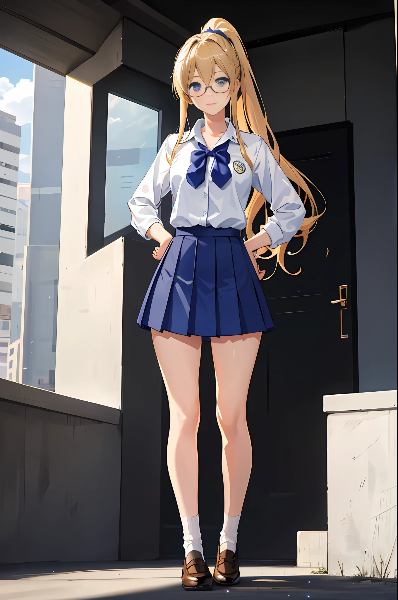 masterpiece, best quality, highres, 1girl, solo, high school uniform, bare legs, aura, blue aura, looking at viewer, light particles, city backdrop, perfect hands, perfect eyes, powering up, perfect legs, perfect arms, perfect fingers, blonde hair, blue eyes, medium breasts, long hair, standing, hands on hip, closed fists, hair down, glasses, ponytail, matching socks, full body,