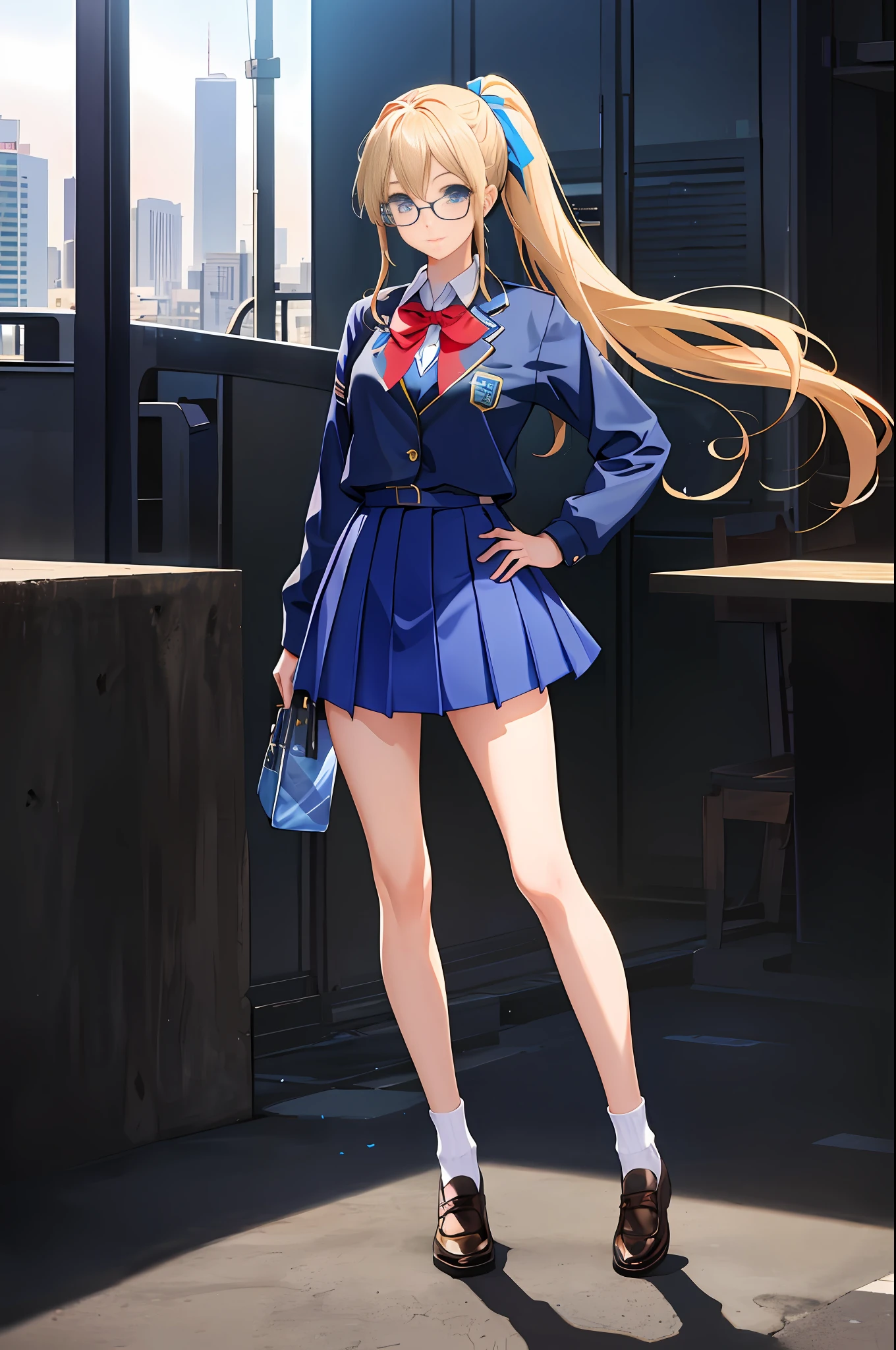 masterpiece, best quality, highres, 1girl, solo, high school uniform, bare legs, aura, blue aura, looking at viewer, light particles, city backdrop, perfect hands, perfect eyes, powering up, perfect legs, perfect arms, perfect fingers, blonde hair, blue eyes, medium breasts, long hair, standing, hands on hip, closed fists, hair down, glasses, ponytail, matching socks, full body,