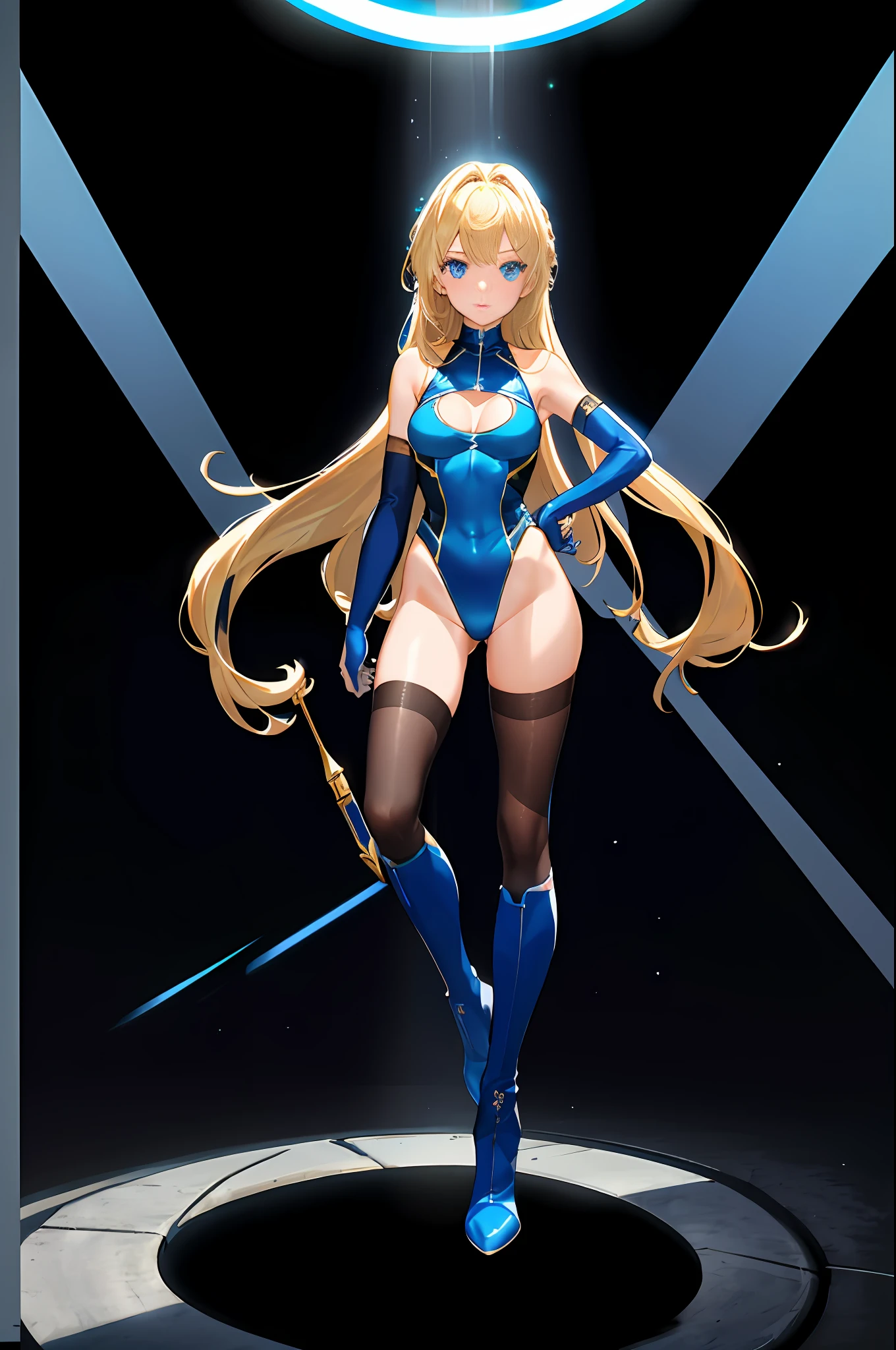 masterpiece, best quality, highres, 1girl, solo, superhero, leotard, bare legs, boots, matching boots, aura, blue aura, sleeveless, gloves, bracelets, matching gloves, looking at viewer, light particles, city backdrop, perfect hands, perfect eyes, powering up, perfect leotard, perfect legs, perfect arms, perfect fingers, blue and white leotard, blonde hair, blue eyes, medium breasts, long hair, standing, hands on hip, full body, power,