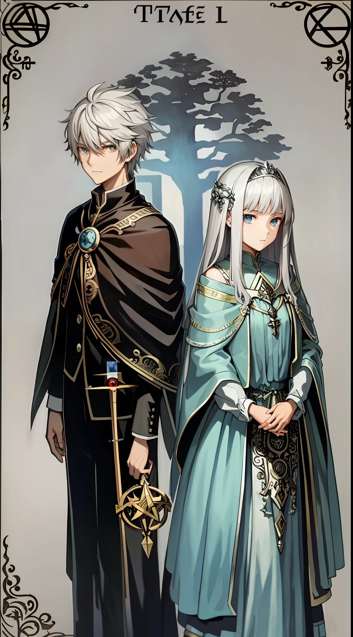 Tarot Card, Tarot Card, World, World Tree, Silver Hair, Male and Female, Girl, Boy, Sceptre