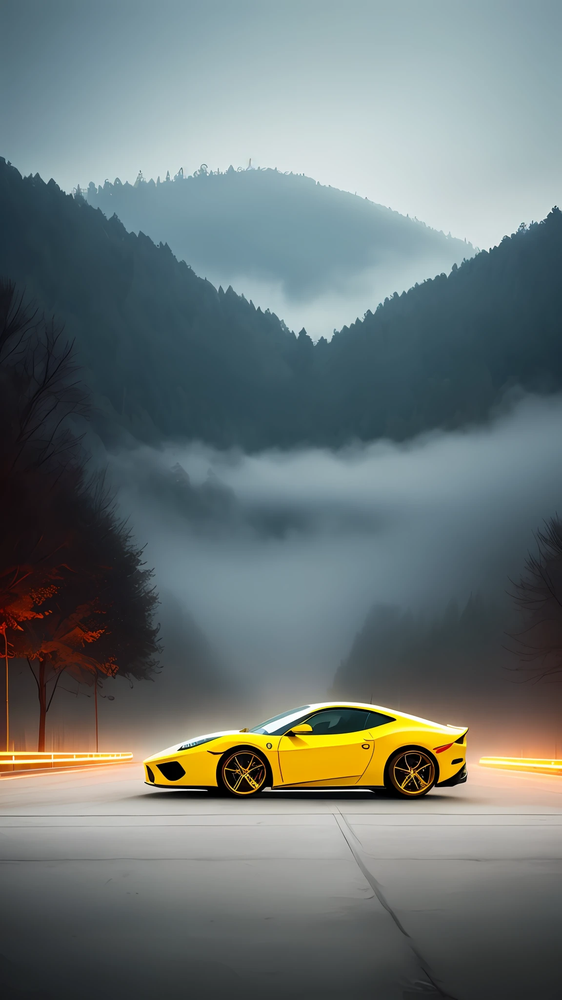 White Ferrari with Golden Wheels with golden wheels. The art is centered, creating a visually striking focal point, highlighting Ferrari's elegance and style. This design is perfect for car enthusiasts who want to show their passion in an artistic and contemporary way. Eye level, scenic, masterpiece, 4k,16k,32k,78.5k, UHD, HD, cinematic background of a night of fog, mystery and suspense scenery, best quality, realistic photo effect.